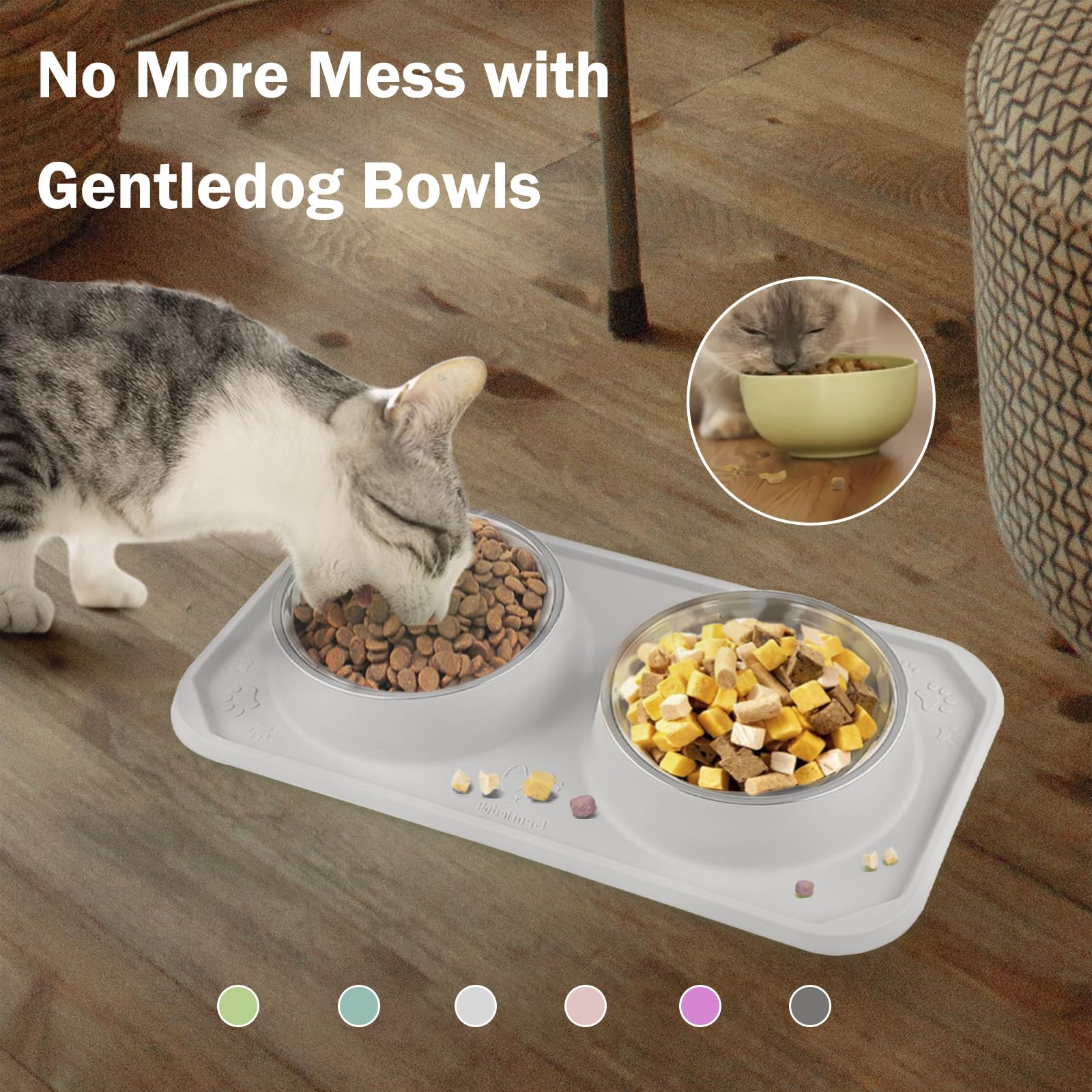 Gamelles pour chat pour nourriture et eau, double gamelles amovibles en acier inoxydable de qualité supérieure avec fond antidérapant et support surélevé pour animaux de compagnie et petits