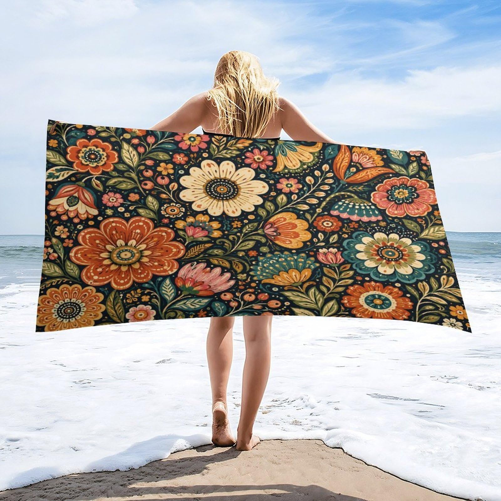 Anceky Floral Beach Towel 30"×60",Soft Microfiber Bath Towel Shawl, Quick Dry Absorbent Pool Spa Gym Shower Towel