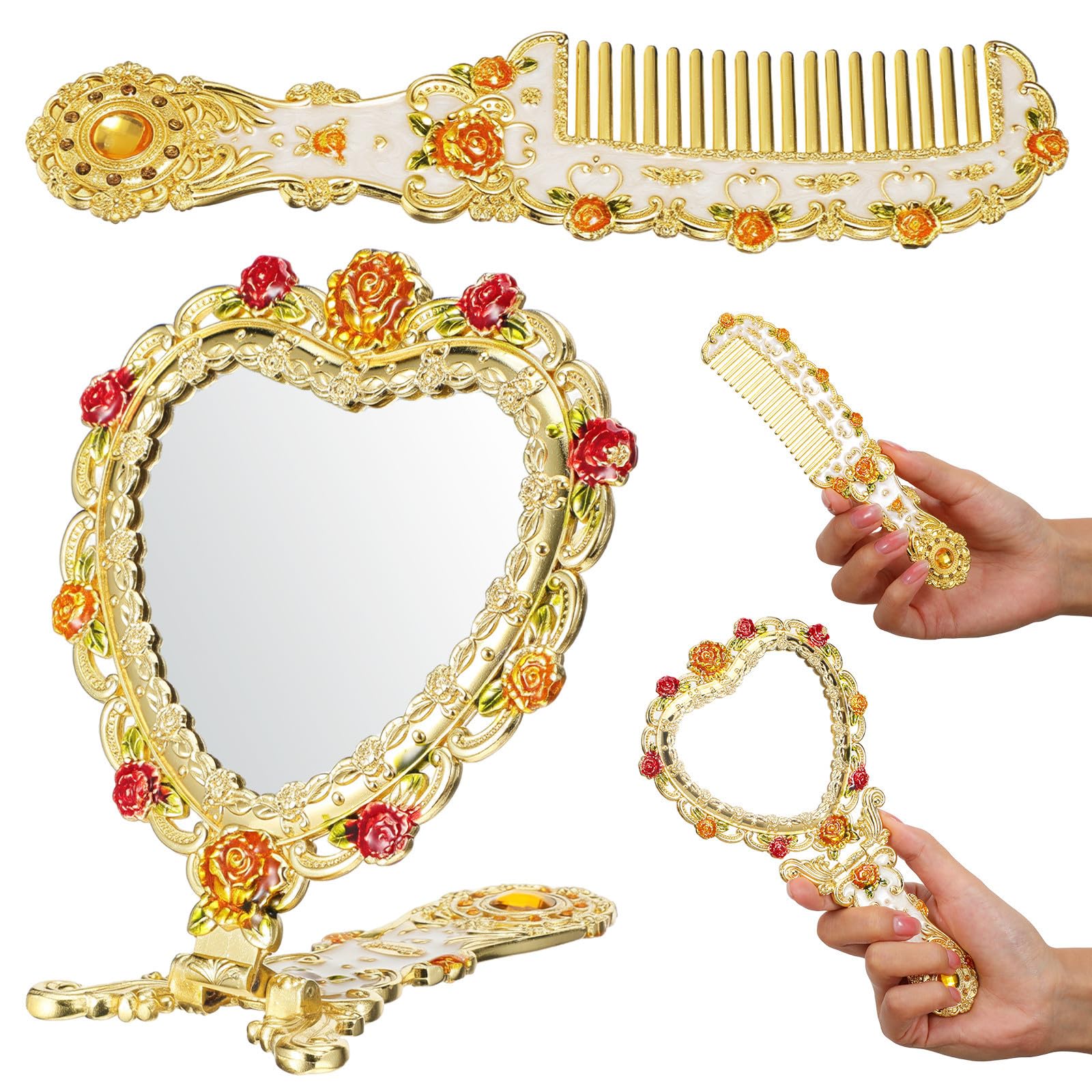 Espejo de mano retro STOBAZA portátil con peine de metal para retocarte en eventos y bodas