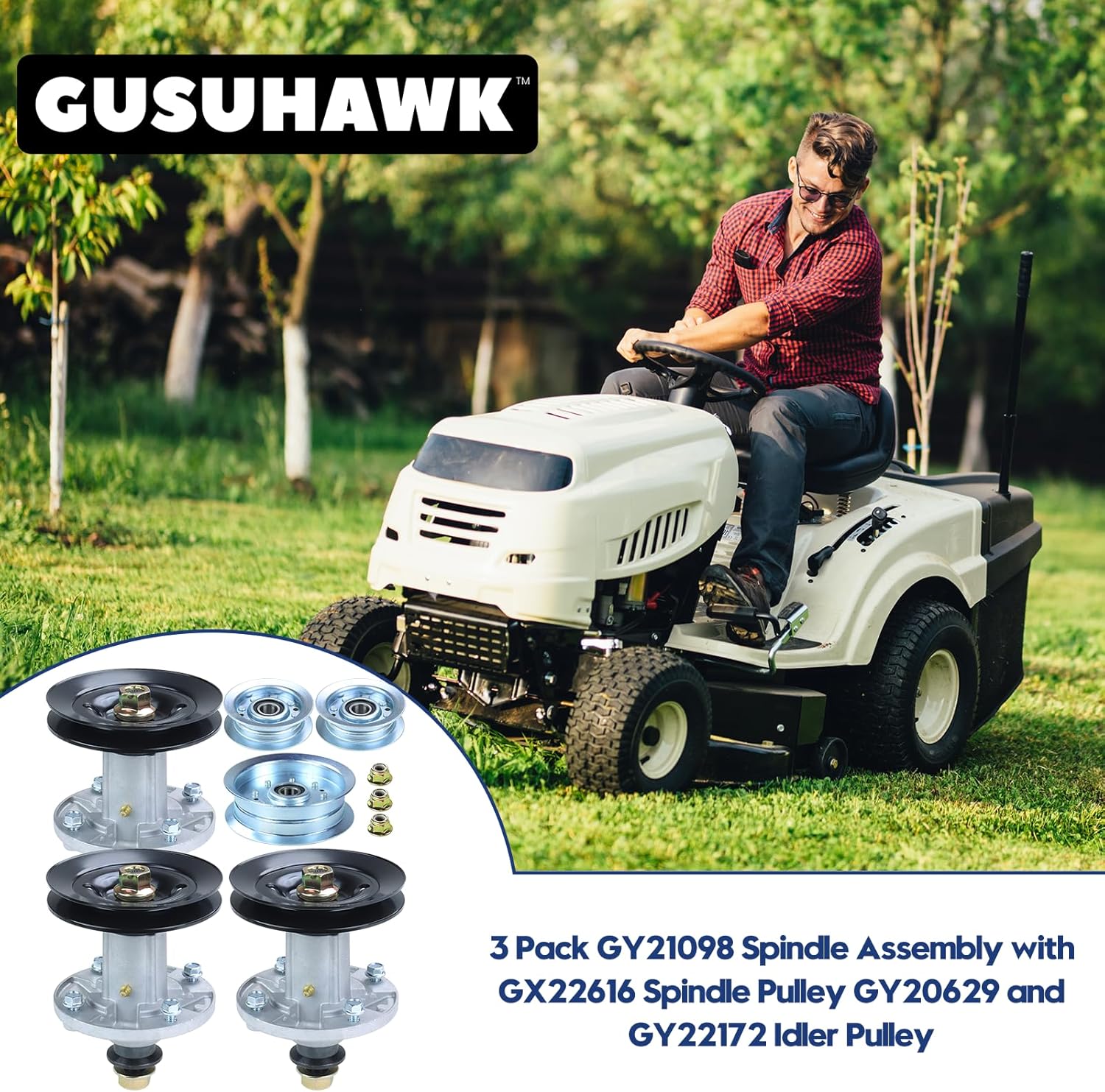 3 Pack GY21098 Spindle Assembly with GX22616 Pulley GY20629 GY20067 Idler Pulley Replaces John Deere AUC15811 Spindle, GY21098, GY20454 for John Deere D140 D160 E140 E170 Tractors