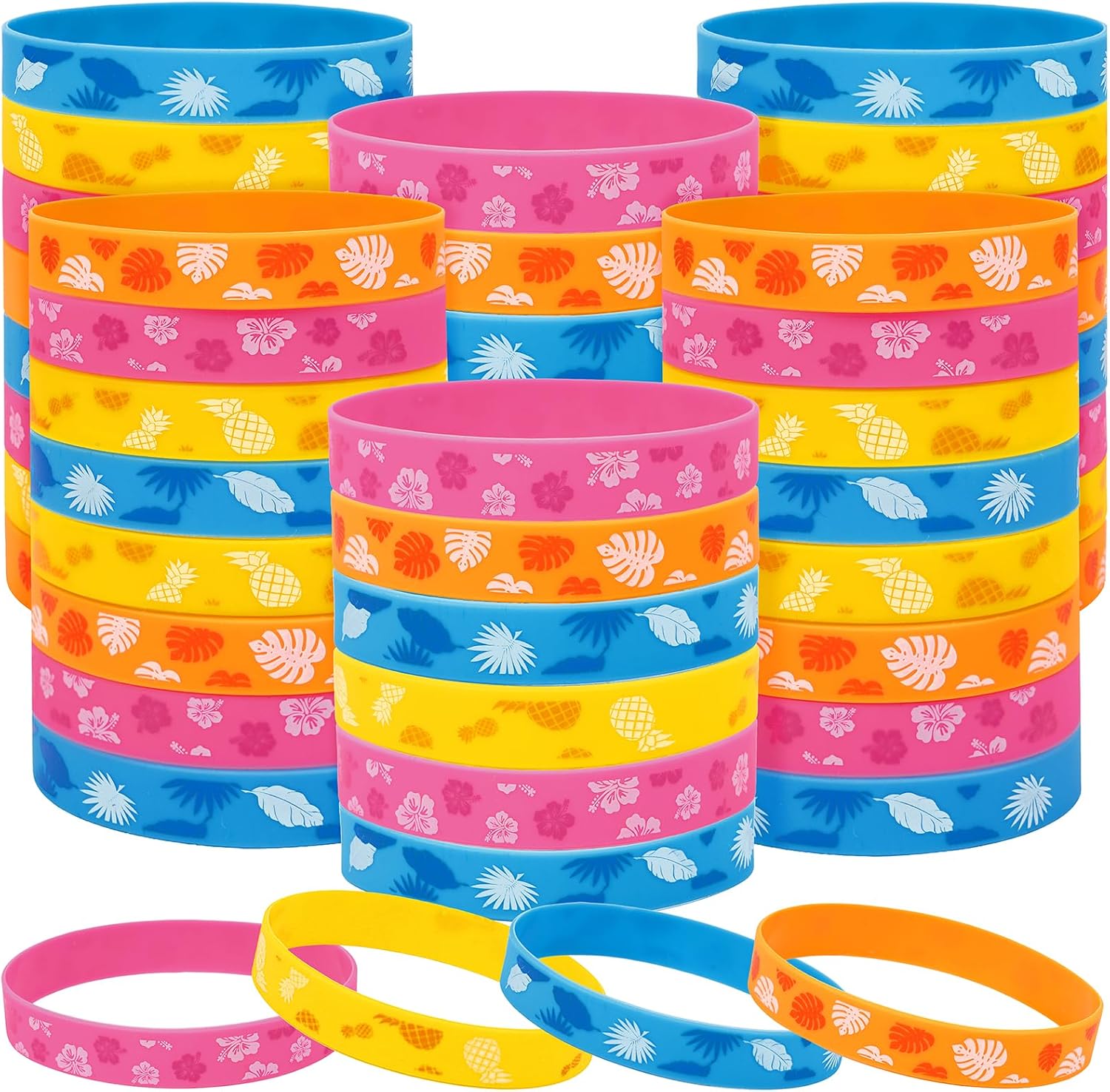 100 Pcs Hawaiian Bracelets Birthday Party Favors Decorations Palm Leaves Hibiscus Flowers Silicone Gifts for Tropical Luau Supplies
