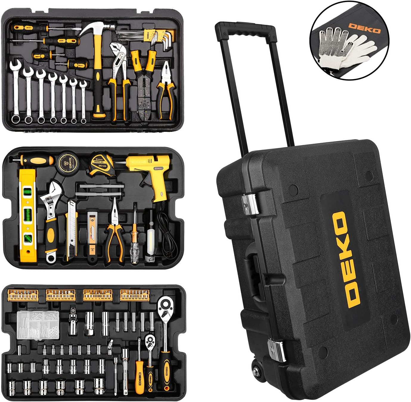 DEKO 255 Piece Tool Set with Rolling Tool Box Metric Socket Wrench Hand Tool Kit