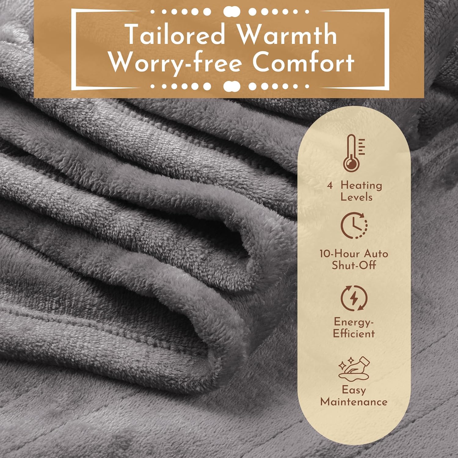 Electric Heated Blanket 62"x84" Twin Size Flannel Heated Blanket, Cozy & Warm for All Night, 4 Heat Settings & 10 Hours Auto Off, Machine Washable, Light Grey - Image 8