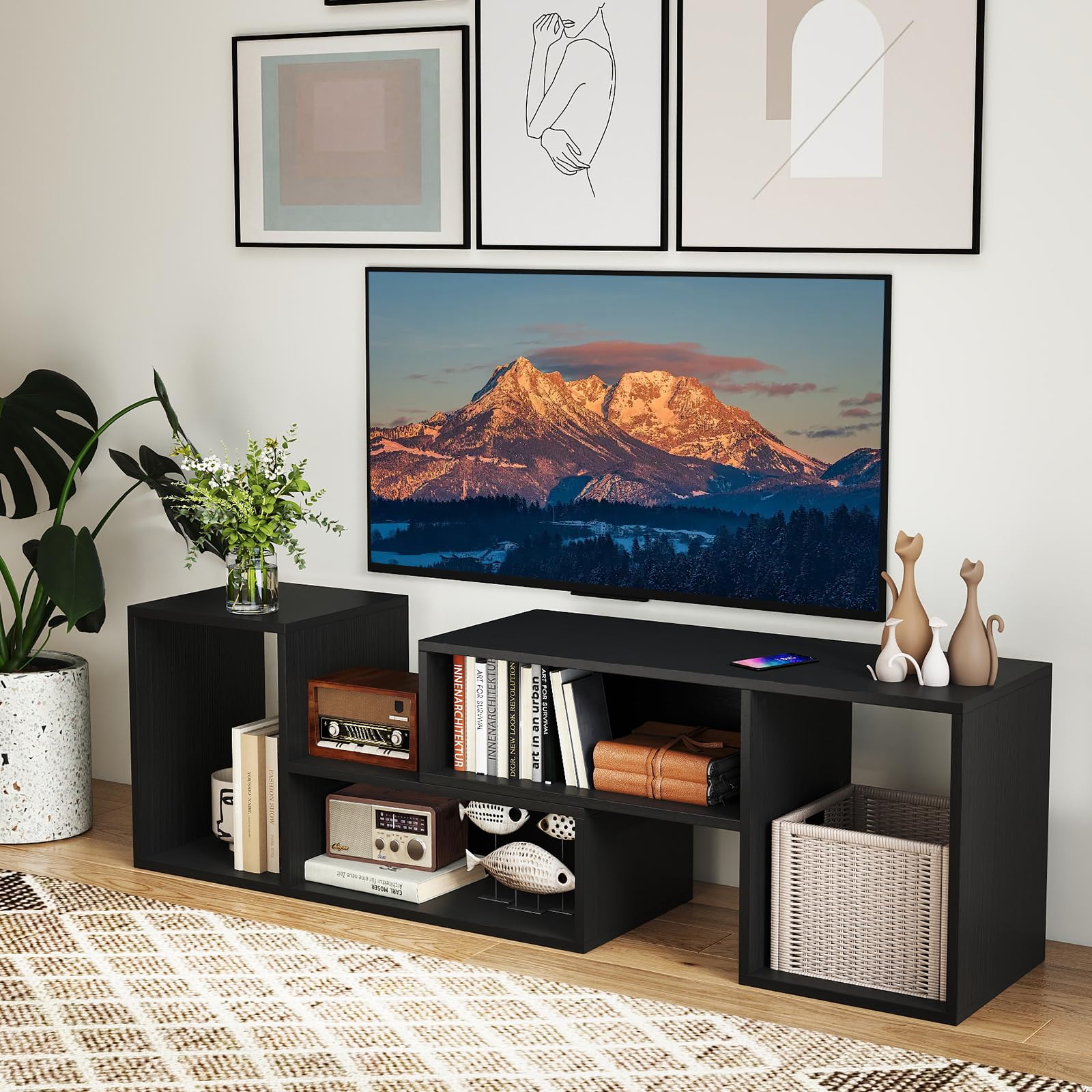 GIANTEX Mobile per TV, combinabile, in legno, 2 pezzi, per TV fino a 60 pollici, scaffale angolare multifunzionale, colore nero