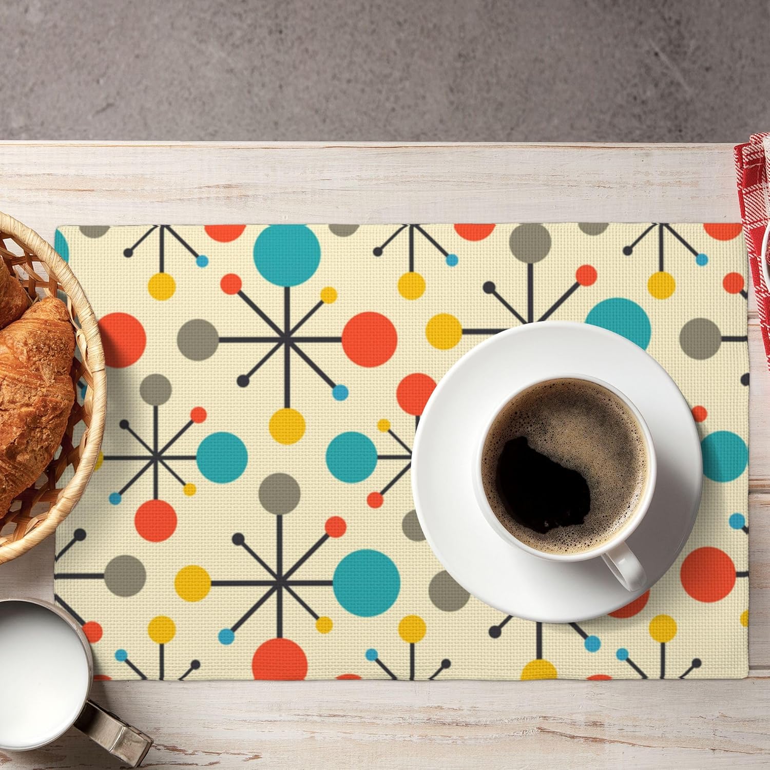 Mid Century Fifties Modern Atomic Retro Placemats Set of 6 Yellow Kitchen Table Mats for Dining Farmhouse Holiday Home Decor Linen Washable Place Mats, 12X18inch