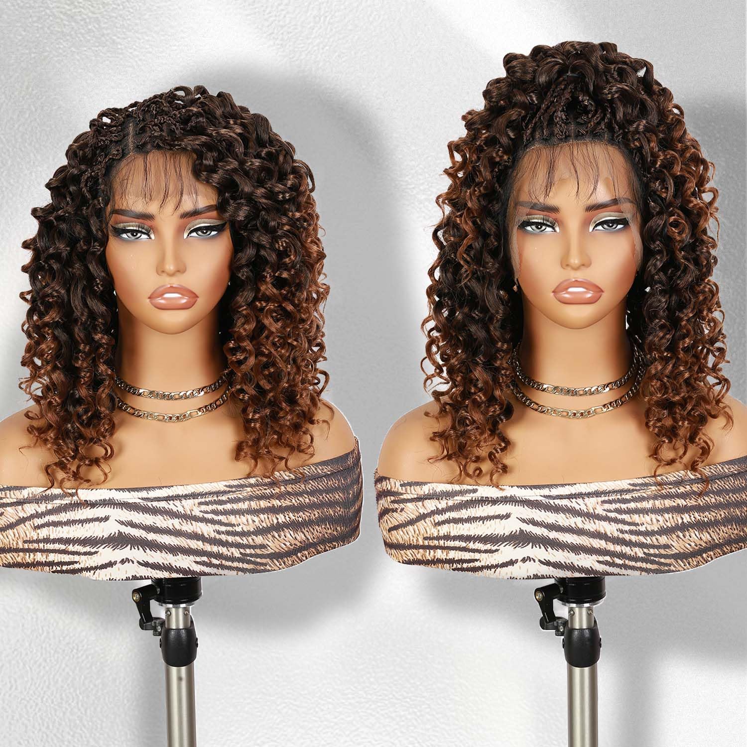 Fancy Hair Braided Wig for Black Women Gogo Curly Braid Wig Double Full Lace Curly Wavy Bob Wig with Baby Hair Pre Plucked Knotless Squrare Part Curly Wig (Ombre Brown)