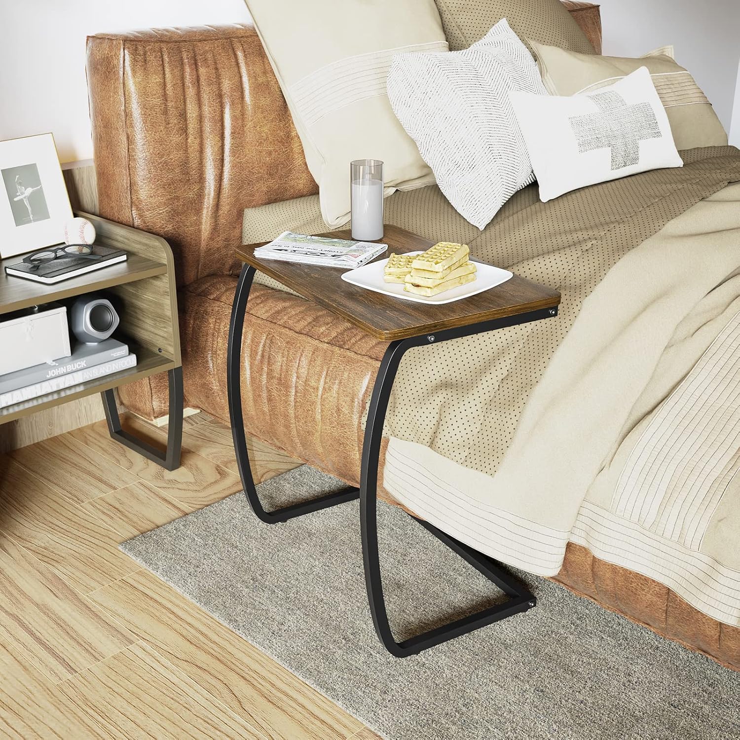 SRIWATANA End Tables Living Room, Sofa Side Couch Table, Vintage C Table for Laptop Coffee Snack, Light Walnut
