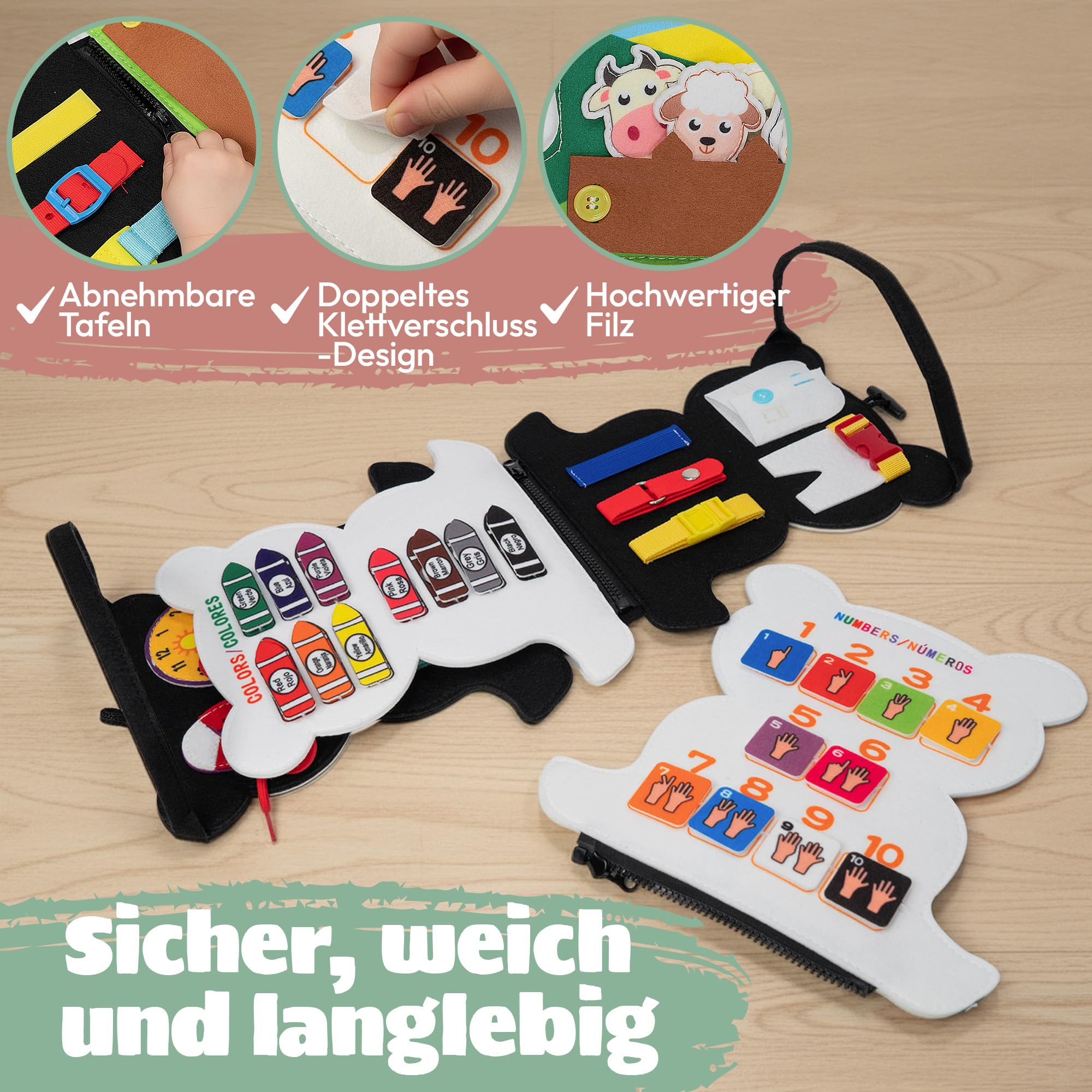 Montessori Busy Board aus Filz ab 3 Jahren - Sensorisches Busy Book mit Buchstaben, Zahlen und Tieren - Montessori Spielzeug ab 3 Jahren mit Feinmotorik Übungen - Panda Design