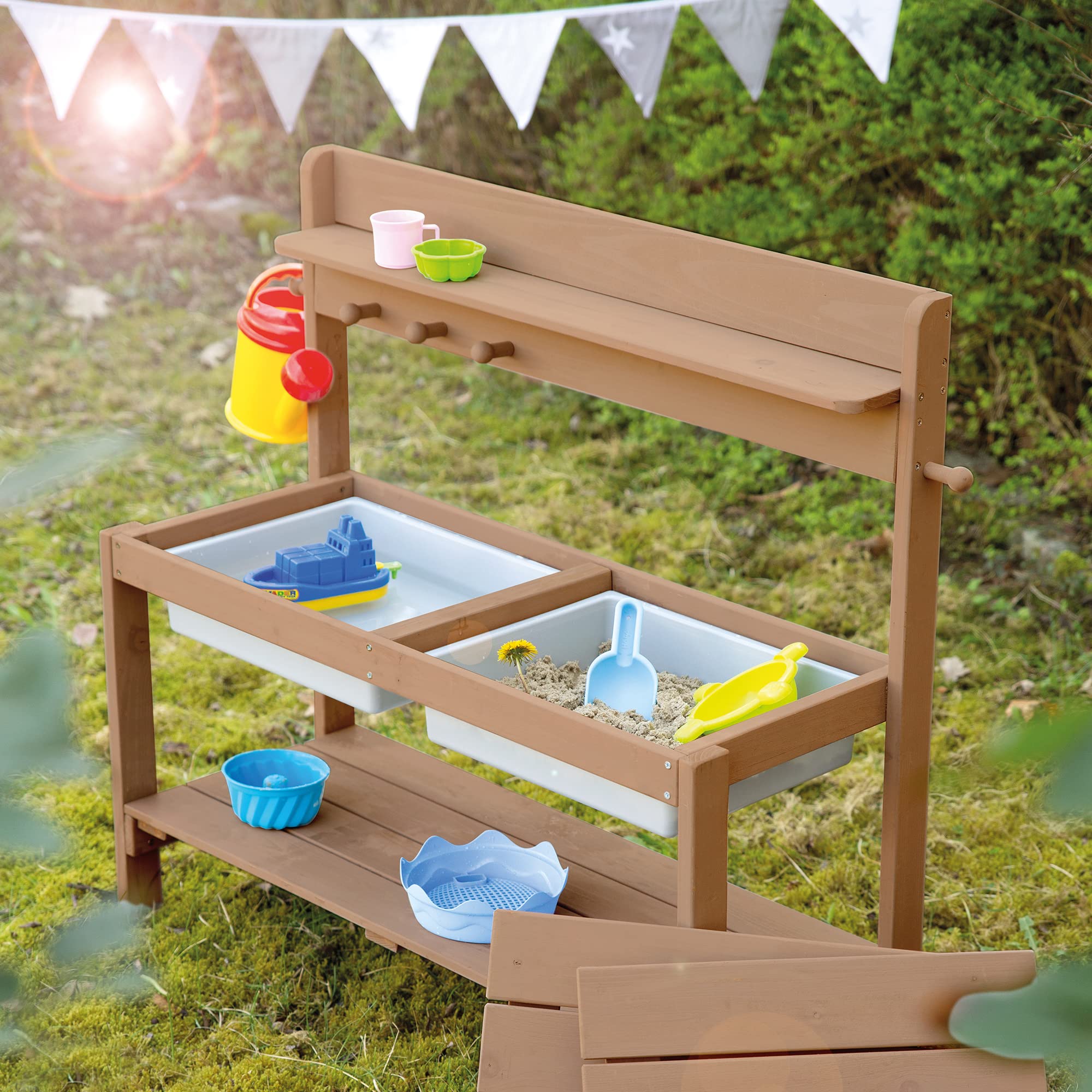 roba Cucina Per Bambini Sabbia e Acqua Fun - Multifunzionale - Tavolo da Esterno per Attività all'Aperto con 2 Vasche - Coperchio in Legno Massello Laccato Teak