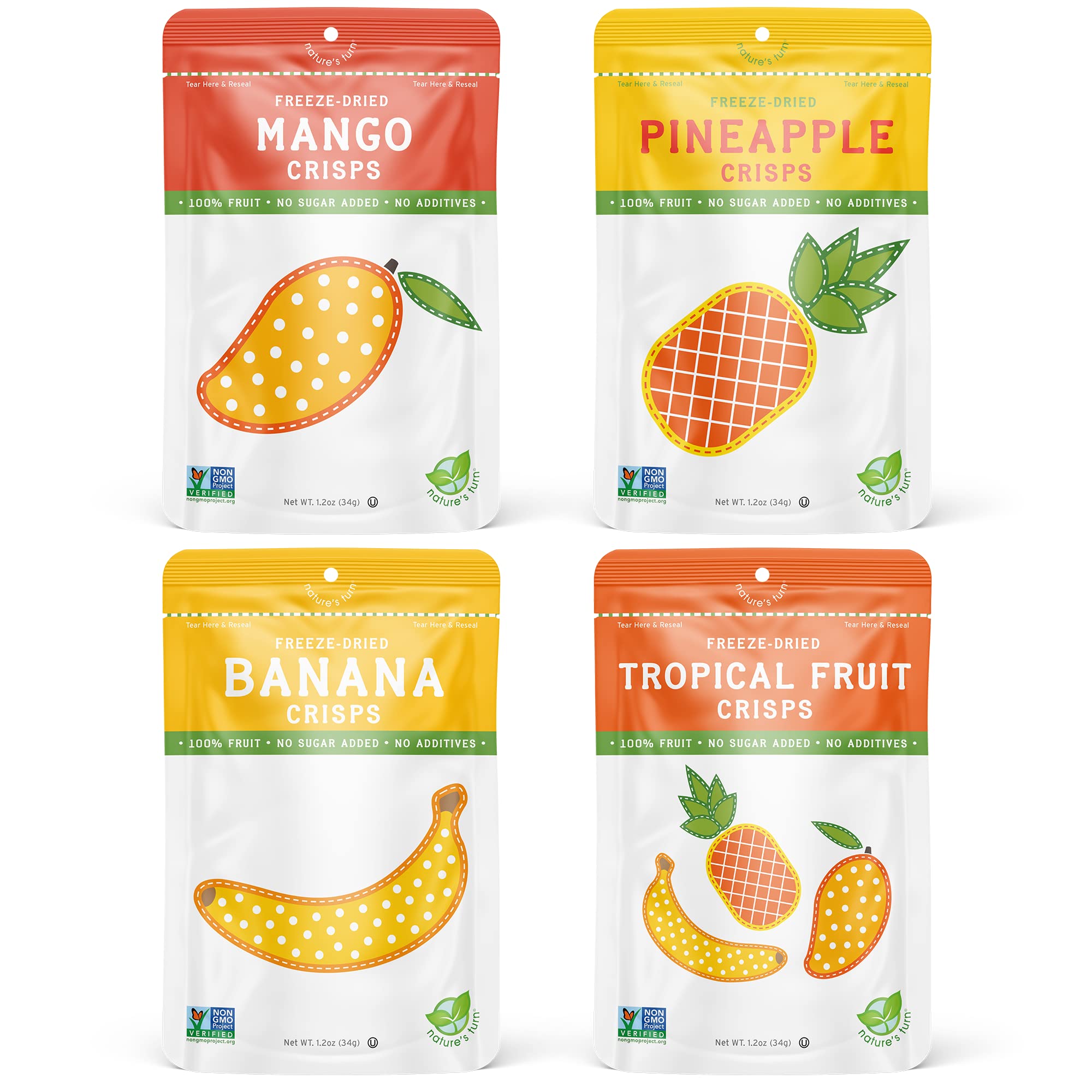 Nature's Turn Freeze-Dried Fruit Snacks, Mixed Tropical (Mango, Pineapple, Banana) Fruit Crisps, Pack of 4 (1.2 oz Each)