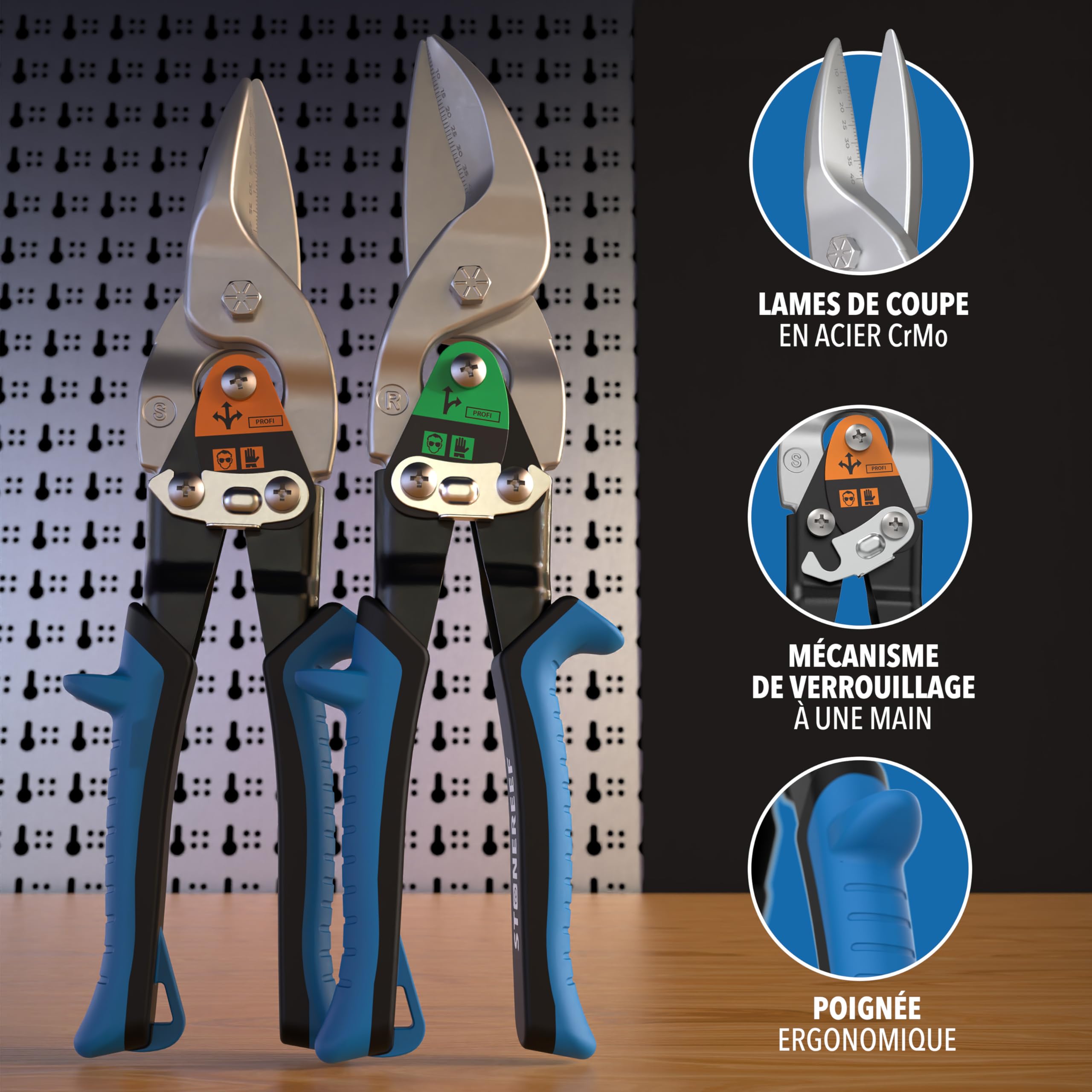 Set de cisailles à tôle avec coupe droite et droite - [échelle millimétrique intégrée] - Cisaille métallique pour cloisons sèches, tôle ondulée, métal, cisaille pour grillages métalliques, cisaille