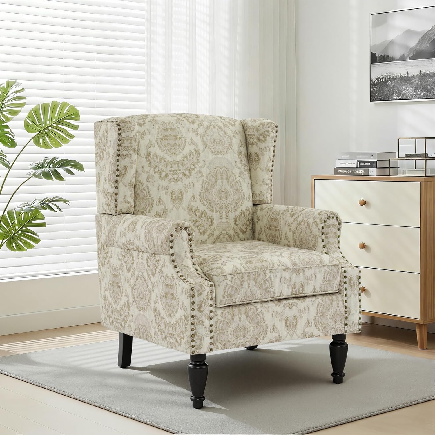 Wingback Chairs Set of 2, High Back Floral Accent Chair in Fabric, Comfy Upholstered Armchair with Nailhead Trim for Living Room, Single Sofa Reading Chair for Small Spaces, Bedroom-White