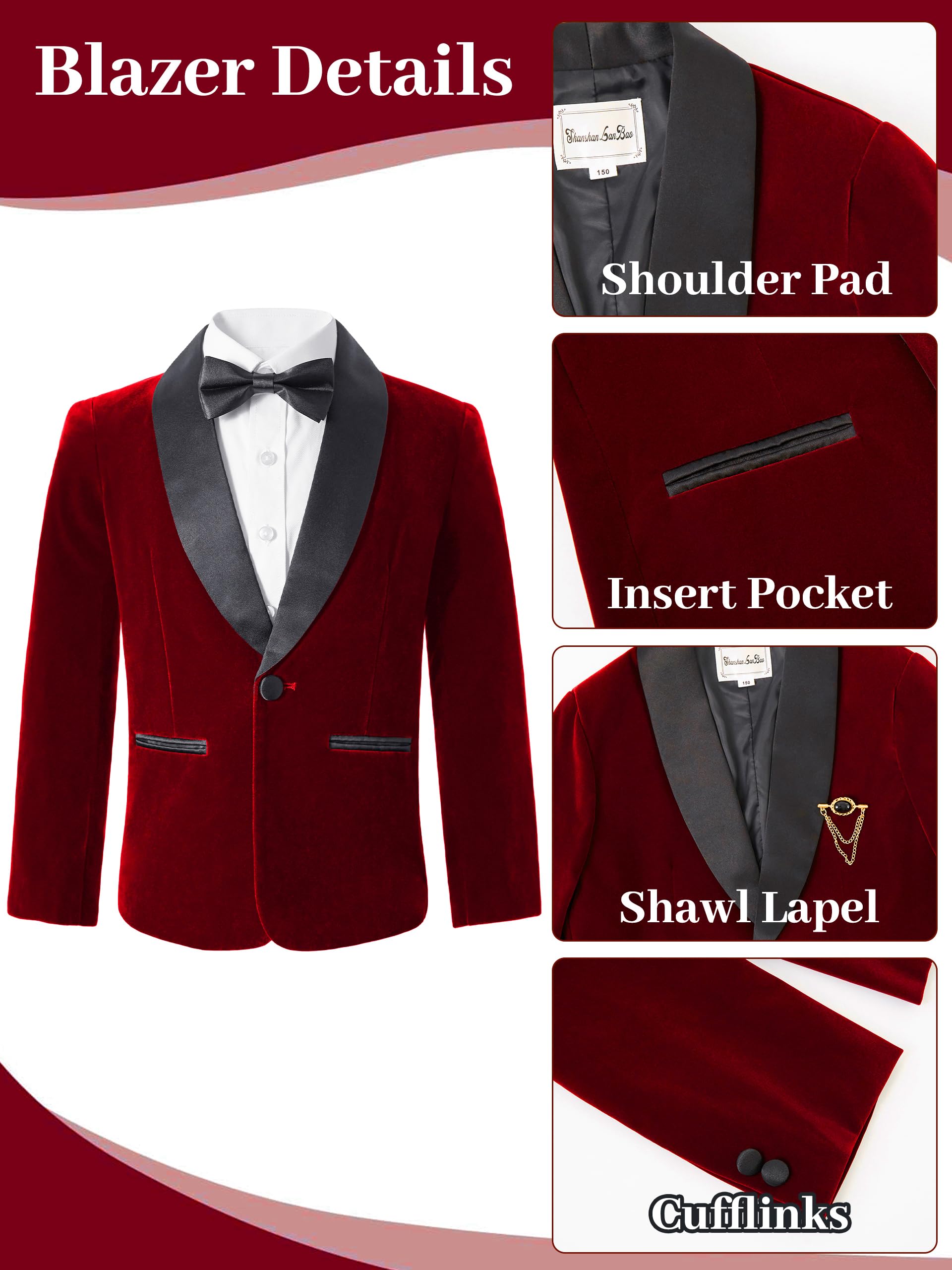 LOLANTA Smoking Velours pour Enfants, Ensemble 4 Pièces Garçon Tenues de Mariage pour Garçons Blazer Pantalon Chemise Nœud Papillon, Tenue de Bal