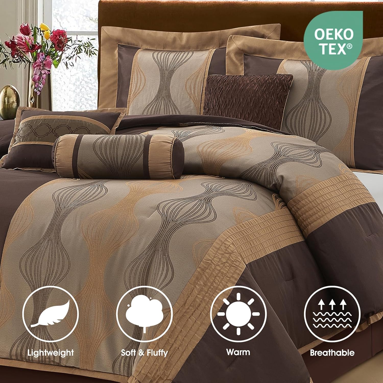 King Comforter Set, Brown, 7 Pieces Bed in a Bag, Ultra Soft Jacquard with Solid Piecework, Luxury Bed Set with Comforters, Bed Skirt, Pillow Shams and Decorative Pillows - Image 2