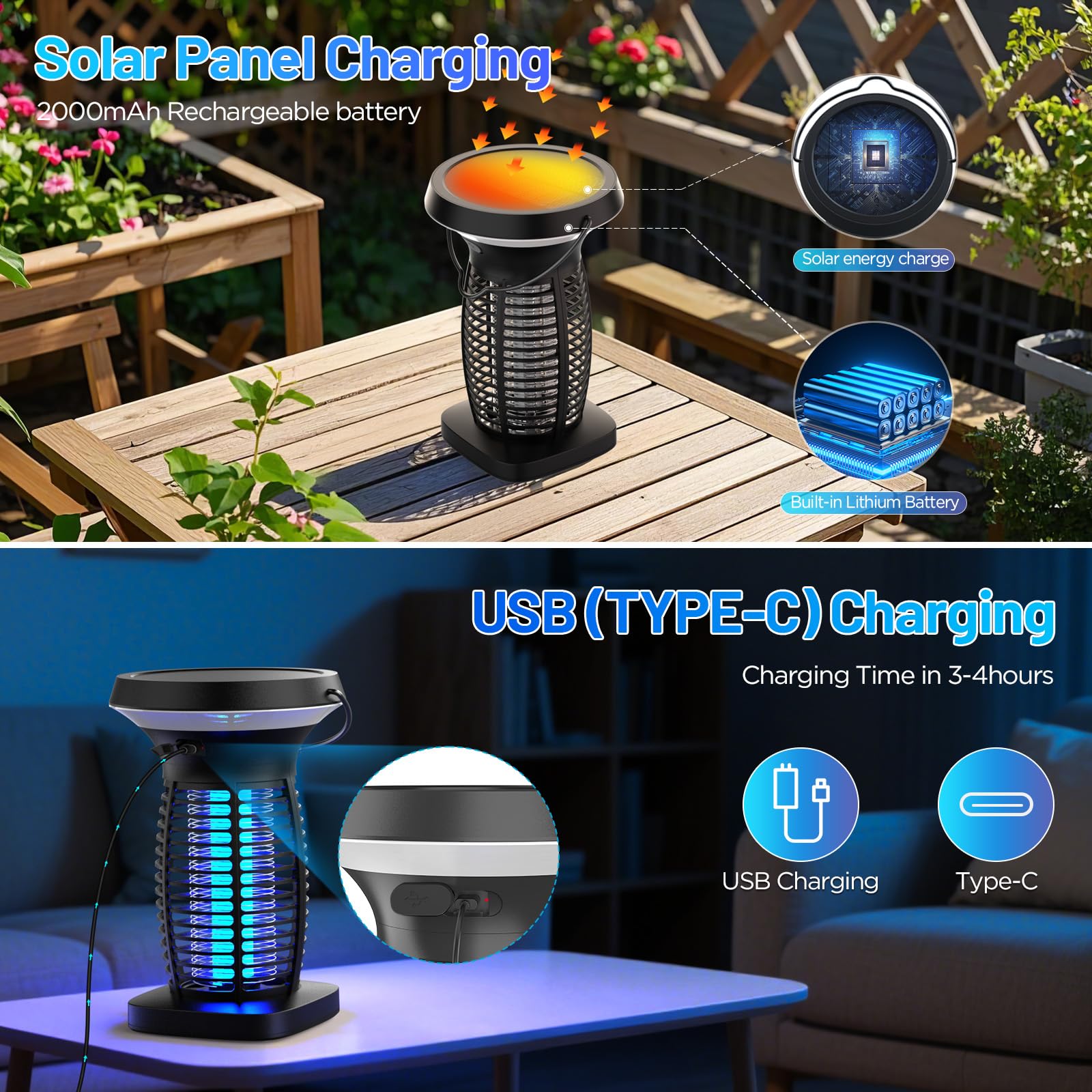 okk Solar Bug Zapper Outdoor, 4200V Mosquito Zapper Outdoor Fly Killer with Light & Solar Penal, Waterproof, Rechargeable, Portable Electric Fly Trap Indoor for Patio, Garden, Backyard, and Camping