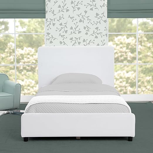 Delta Children Upholstered Twin Size Bed with Headboard, Premium Wood Slat Support, No Box Spring Needed, Easy Assembly, White Velvet