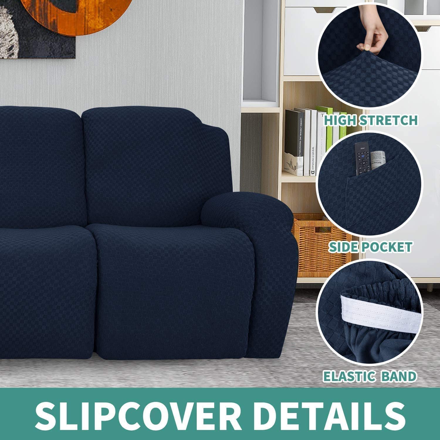 6-Stück Karierter Jacquard-Strickstoff Schnittsofa-Recliner Schonbezüge 2 Sitzplätze Couchbezug Waschbarer Möbelschutz Für Kinder Haustier (Navy)