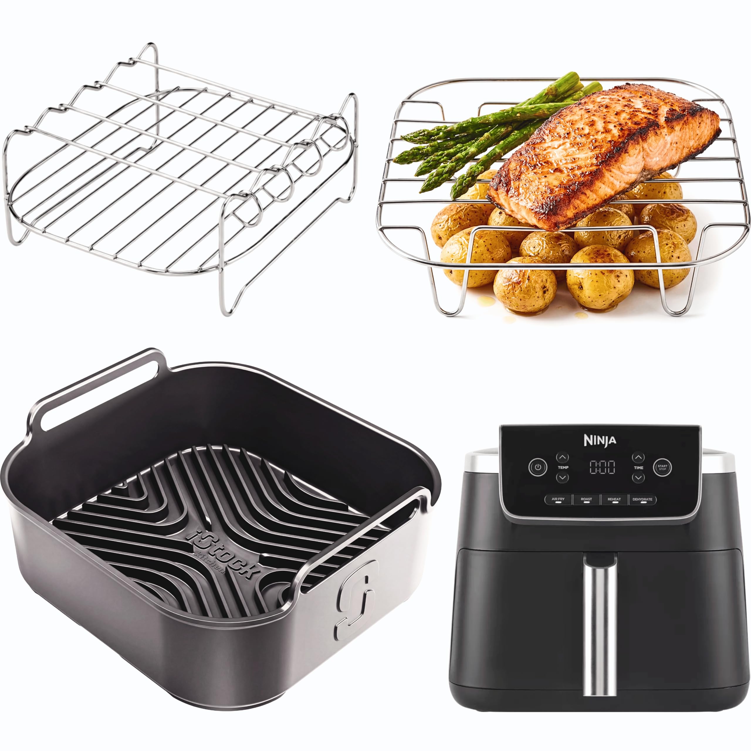Airflow Pro™ Ninja AF140UK 4.7L Accessories | Silicone Liner & 2 Stainless Steel Racks + 4 Skewers | 3mm Thick with 15mm Raised Ridges for Airflow | by iStock Kitchen