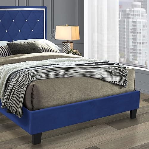 Miniatura 4 de Better Home Products Monica - Cama tapizada de terciopelo, tamaño matrimonial, color azul