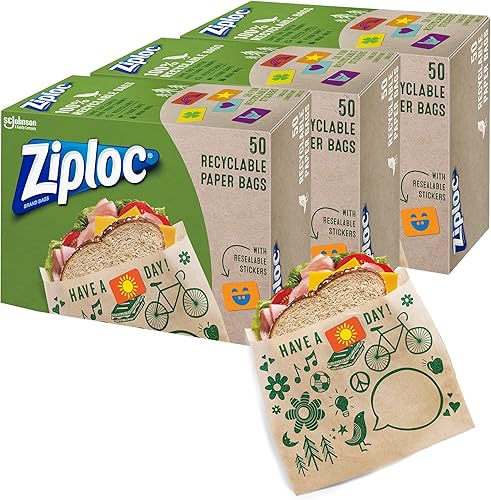 Ziploc Bolsas de papel para sándwich y aperitivos, reciclables y sellables con diseños divertidos, 50 unidades, paquete de 3 (150 bolsas en total)