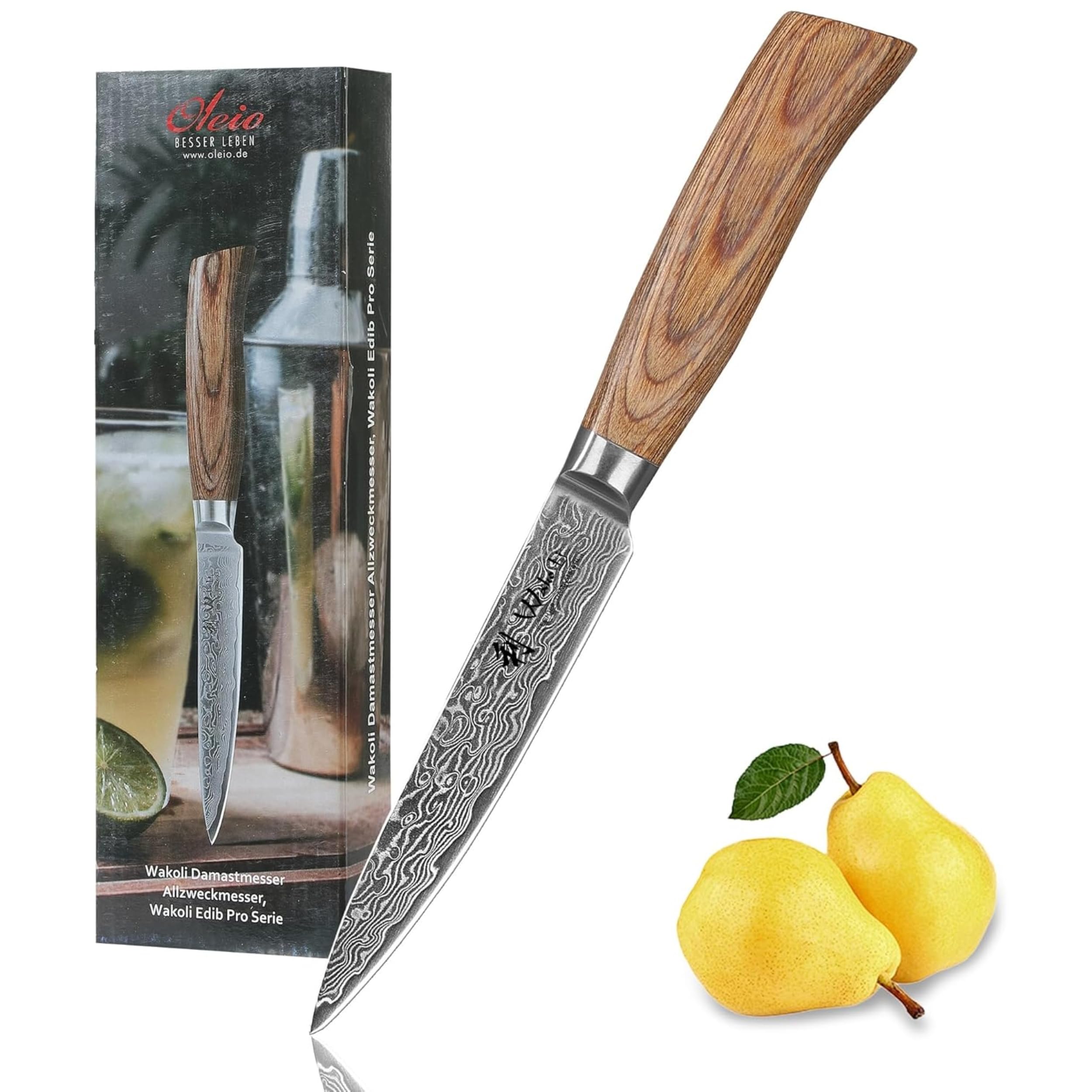 WAKOLI EDIB PRO Couteau Universel en Damas, 12 cm, Manche en Bois de Pakka | couteau de cuisine professionnel, lame en acier Damas à 67 couches avec noyau VG10, pour fruits, légumes, viande et poisson