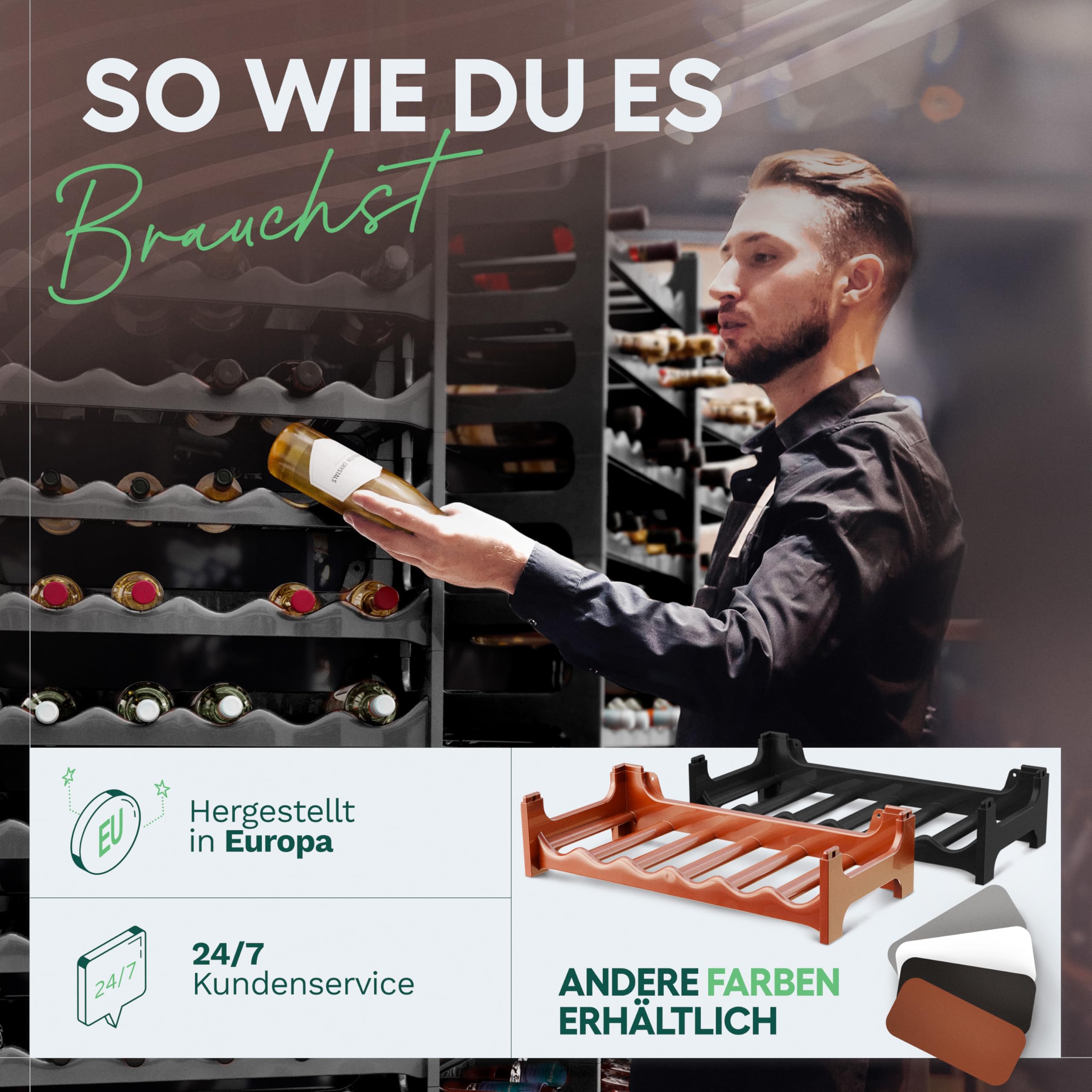 Novaliv - Scaffale portabottiglie per 48 bottiglie, impilabile, per vino, in plastica robusta, grigio antracite, 8