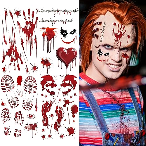 Jctato Halloween Zombie Cosmetics Horror Tatuajes Temporales Sangrientos Hombres Mujeres Niños Fiesta de Halloween Cosplay Realista Heridas de bala