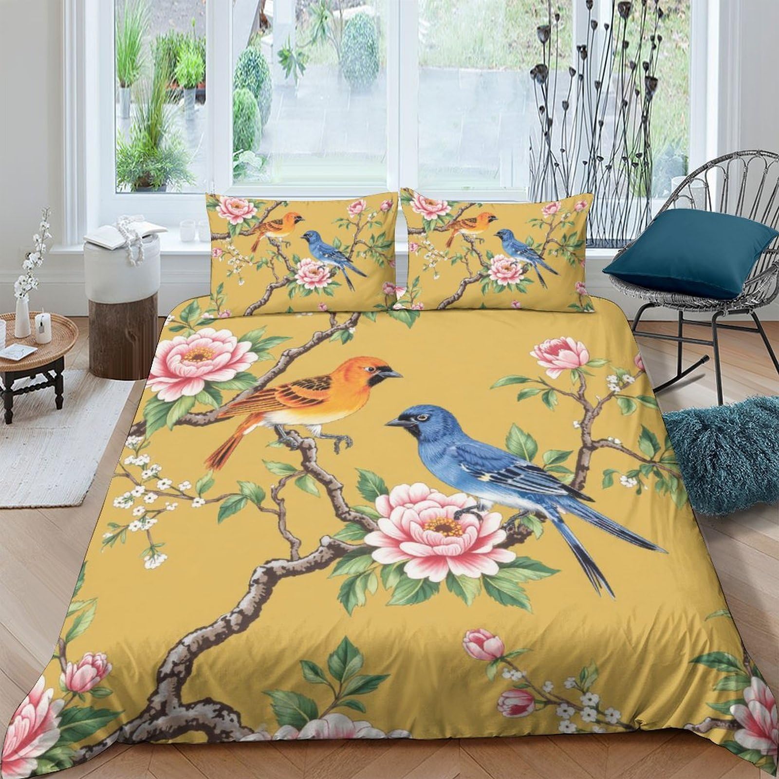 GPLZQXKJNH 3D Printed Yellow Bird Blossom Duvet Cover Microfiber Bedding Set with 2 Pillowcases, Breathable for Bedroom Decor Single（135x200cm）