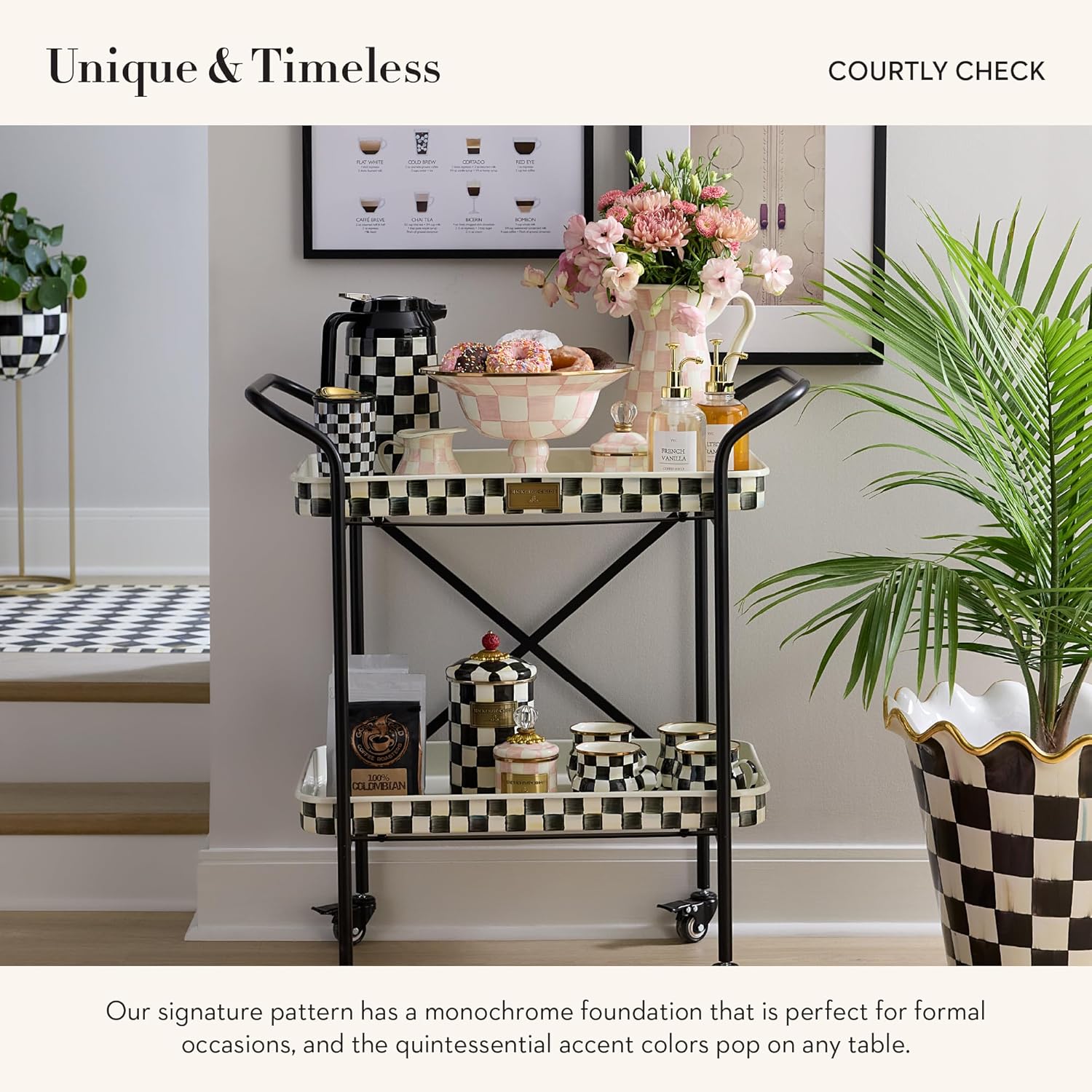 MACKENZIE-CHILDS Coffee Carafe, Stainless-Steel Coffee Carafe for Hot Liquids, 5.5-Cup Capacity, Black-and-White Courtly Check