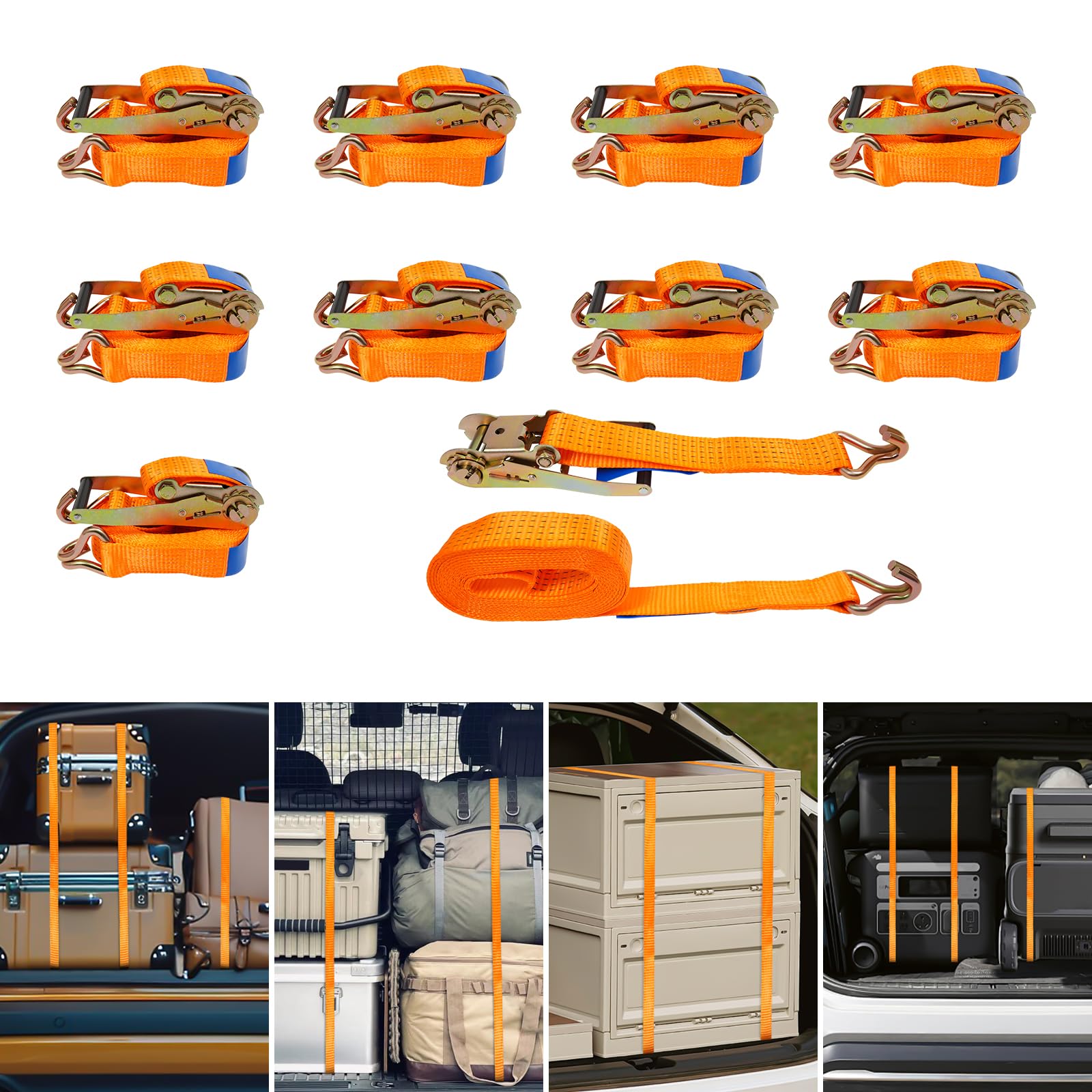 10 correas tensoras de 5000 kg con trinquete, correas de trinquete con ganchos, correas de amarre de 50 mm, correas tensoras para asegurar la carga profesional en remolques y camiones (naranja, 6 m x