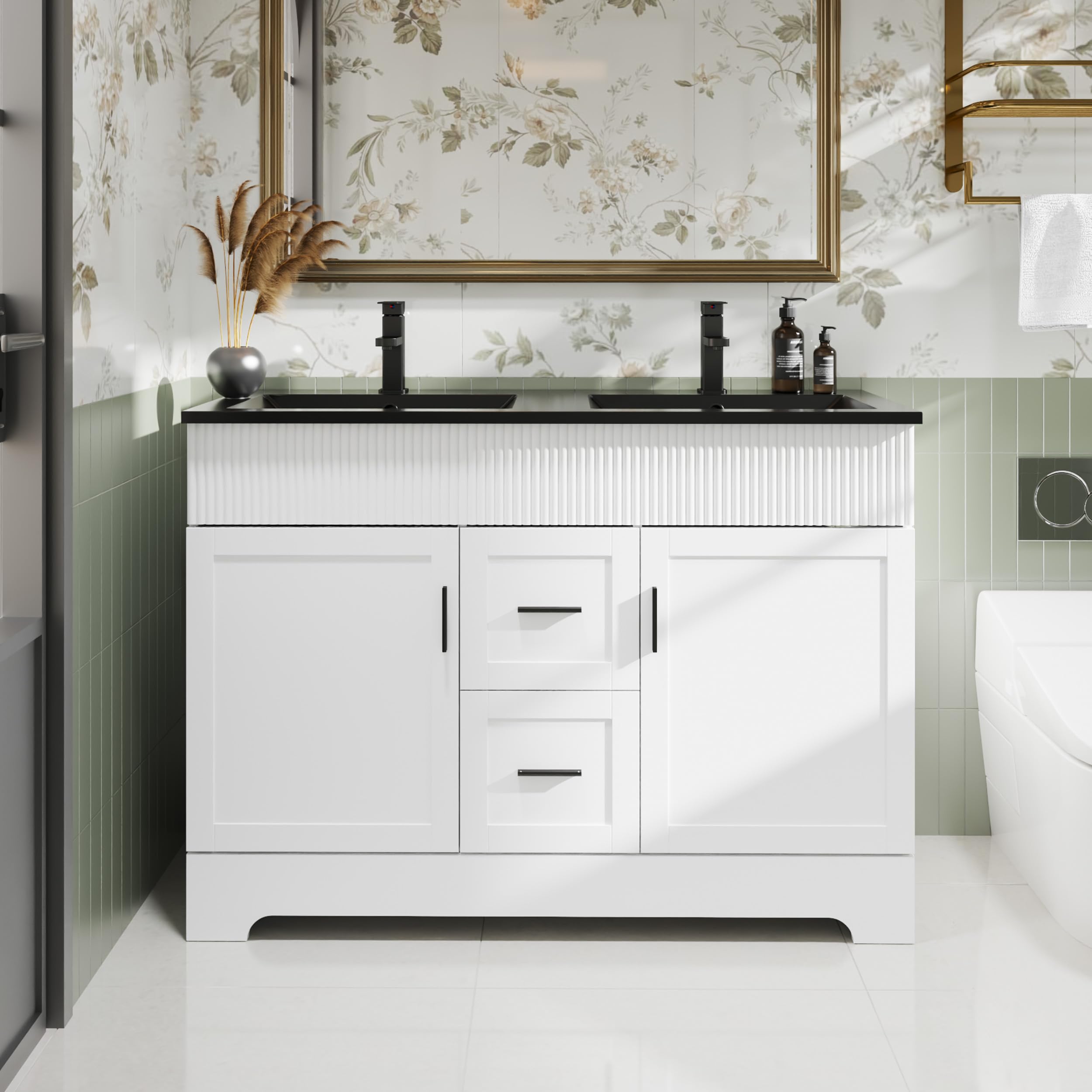 eclife 48" Bathroom Vanities Sink Combo with Painted Surface, Modern Drawered Cabinet W/Decorative Wave Lines, Undermount Double Black Sink, Matte Black Faucet Drain, White