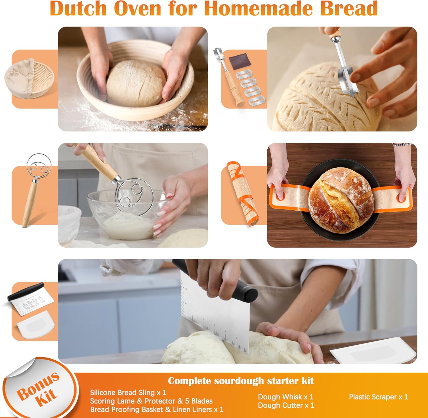 E-far 5QT Dutch Oven for Bread Baking, 2-IN-1 Cast Iron Pot with Skillet Lid & Sourdough Starter Kit, Bread Oven Pan with Baking Supplies for Frying, Braising, BBQ, Rust-Free & Heavy Duty image 3