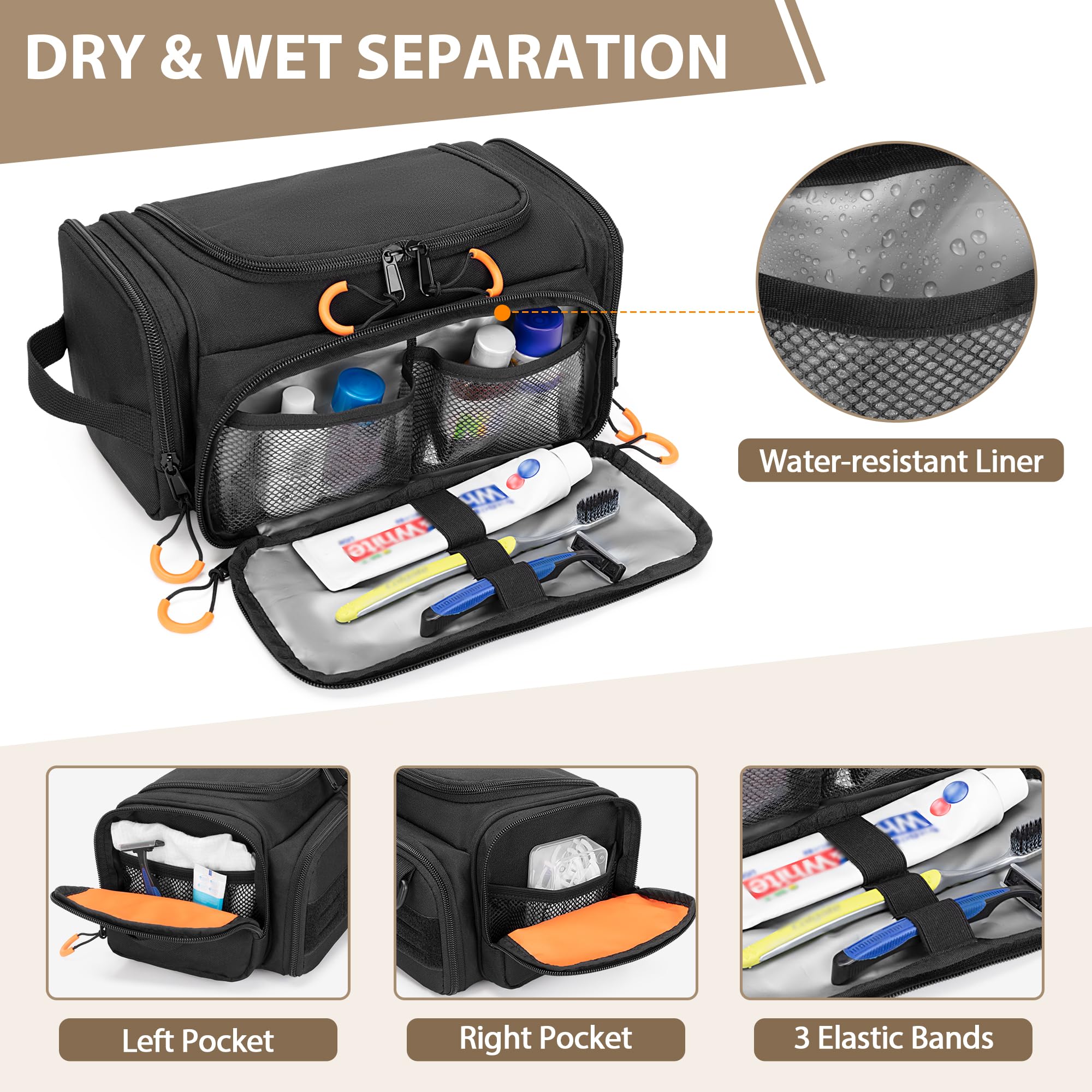 Tactical Beauty Case per Uomo, Borsa Igienica da Appendere, Organizer da Viaggio per Kit da Viaggio per Rasatura, Prodotti Essenziali per la Doccia e Articoli da Toeletta, Nero