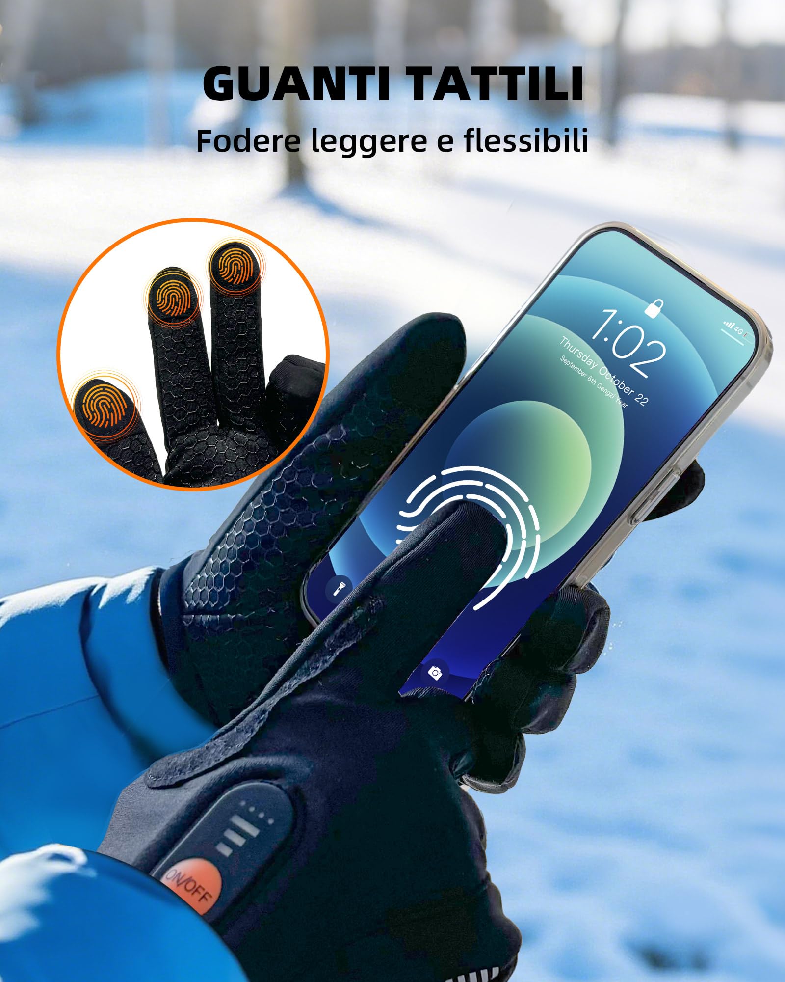 Guanti Interni Riscaldati Uomo Donna, Guanti Riscaldati con Funzione Touch Screen Impermeabili, Guanti da Sci a Batteria Ricaricabili Elettrici, Moto Snowboard Escursionismo Ciclismo Escursionismo