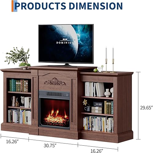 Miniatura 2 de Soporte de TV con chimenea de 60 pulgadas con chimenea, chimenea eléctrica, llama 3D, calor y almacenamiento ajustables, centro de entretenimiento