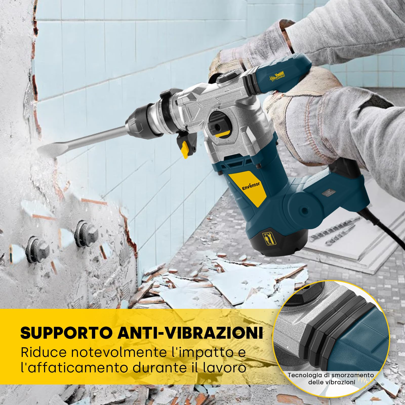 Enventor Martello Demolitore SDS-Plus 1500W, Martello Perforatore 4500BPM, Potenza D'impatto 6J, 850RPM, 4 Modalità, Capacità di Perforazione: Calcestruzzo (32mm), Metallo (13mm), Legno (40mm)