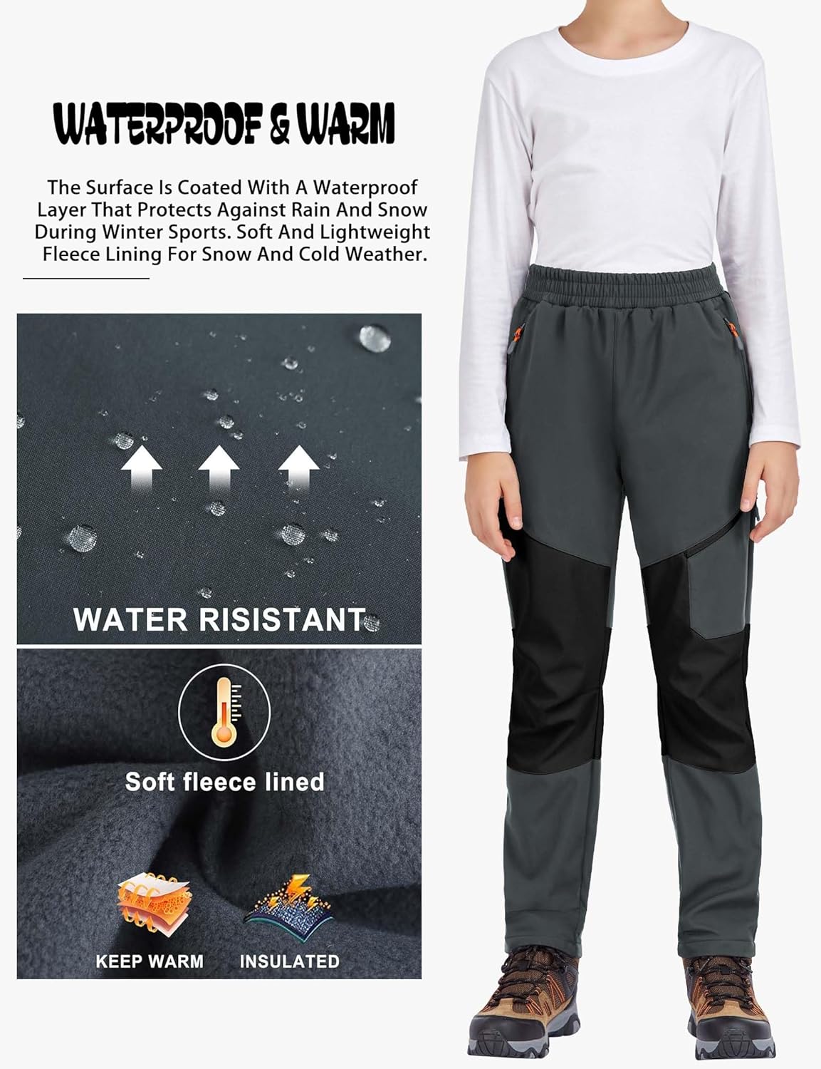 Kids Winter Pants Fleece Lined Waterproof Boys Ski Pants Thermal Outdoor Softshell with Zipper Pockets - Image 4