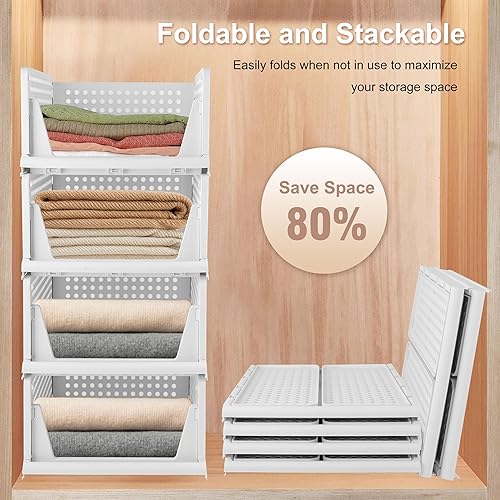 Miniatura 6 de Whitmor Cesta de almacenamiento plegable para armario, paquete de 4, organizador de almacenamiento de ropa apilable y ahorra espacio, estantes de
