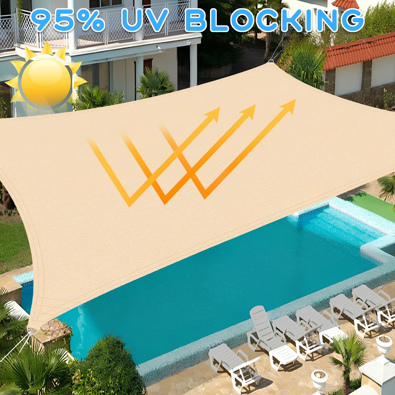 Wasserdichtes Rechteckiges Sonnensegel 3x5m 420D Verschlüsseltes Verdicktes Oxford Gewebe 95% UV Beständig für Pool, Garten, Terrasse, Park, Camping - Beige