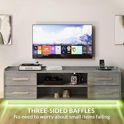 Miniatura 5 de BELLEZE Soporte de TV de 66 pulgadas para televisores de hasta 75 pulgadas, centro de entretenimiento con luz LED con toma de corriente, 4 cajones y
