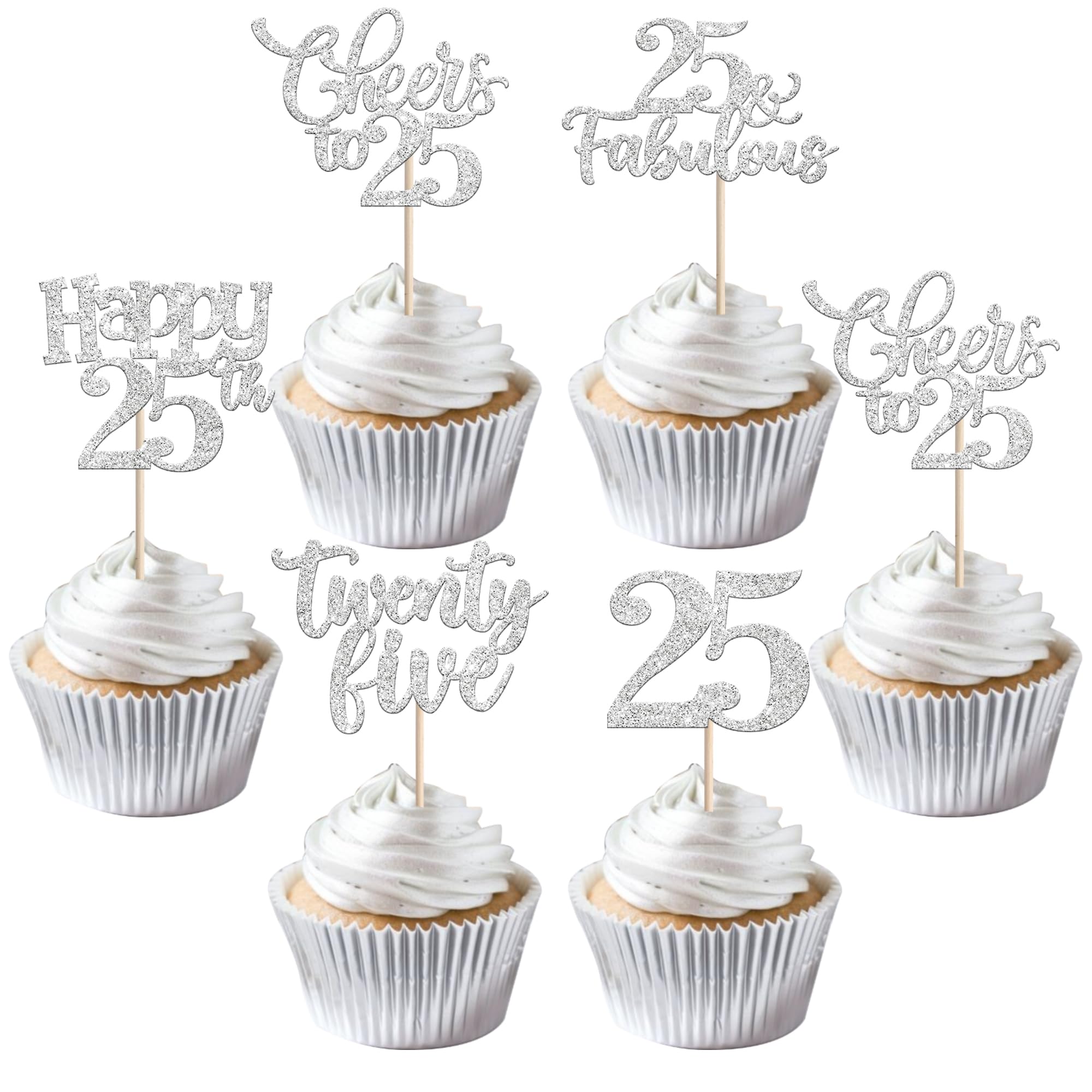 30 PCS Happy 25th Birthday Cupcake Toppers Glitter Twenty Five Hello 25 Cheers to 25 Fabulous Cupcake Picks for Happy 25th Birthday Anniversary Party