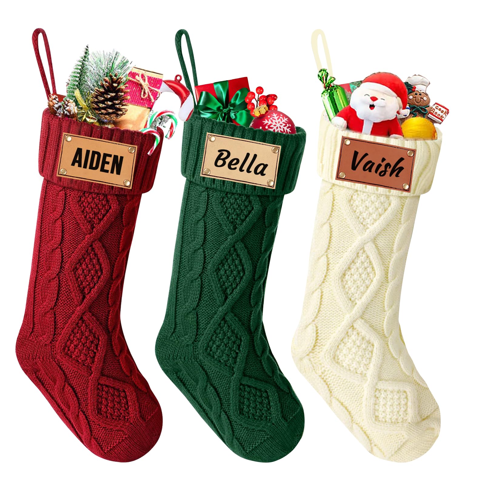 Bexoa Engraving Name Personalised Christmas Stockings - 18” Large Knitted Custom Names Christmas Stockings With Name Tag, Xmas Stocking For Kids Family Fireplace Christmas Holiday Party Decoration
