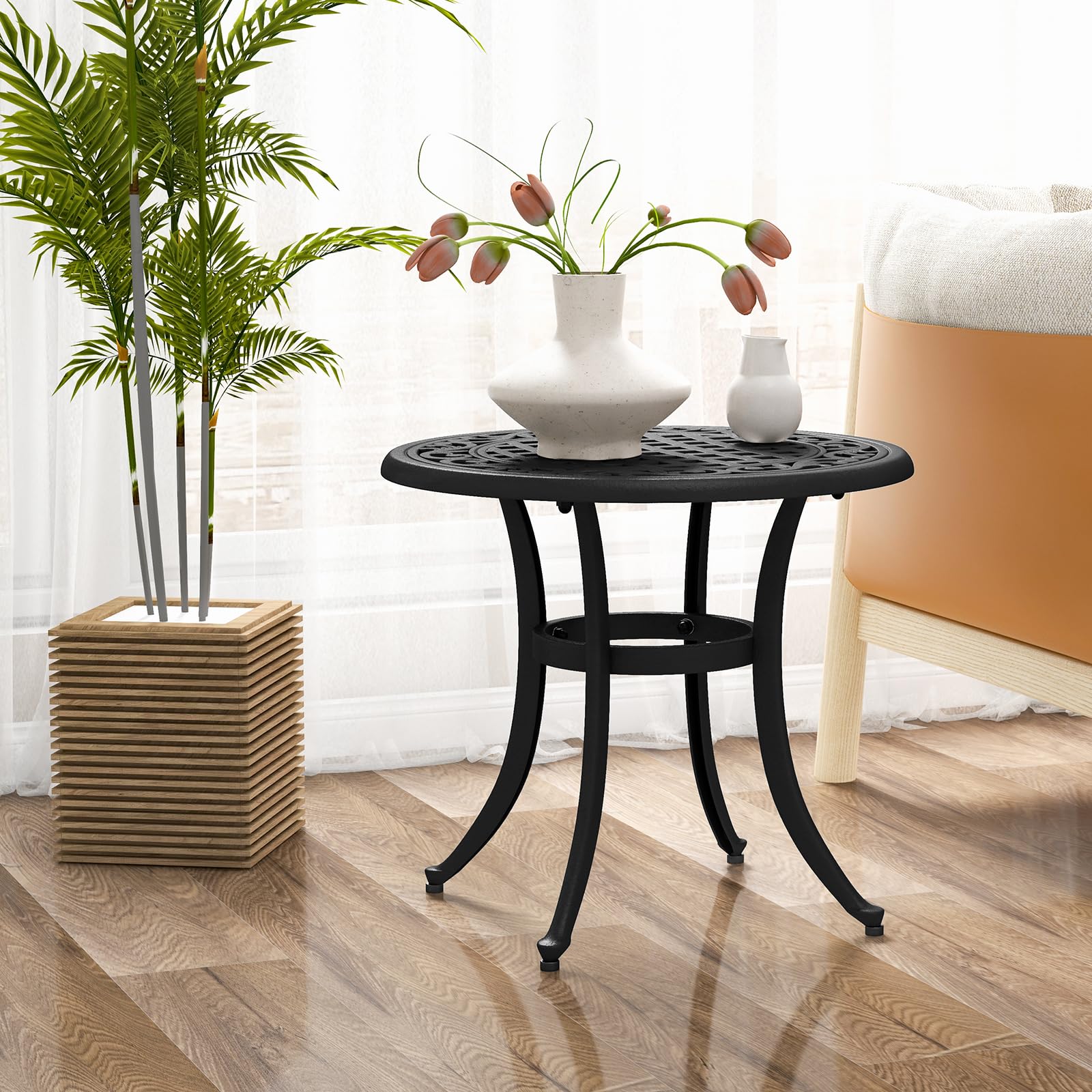 KOMFOTTEU Table de Bistrot Ronde en Fonte d'Aluminium, Table d’Appoint, Cadre en Métal, Charge de 50 kg, Meuble de Jardin, Style Vintage, pour Balcon, Terrasse, Patio, Φ60 x 53 cm (H) (Marron)