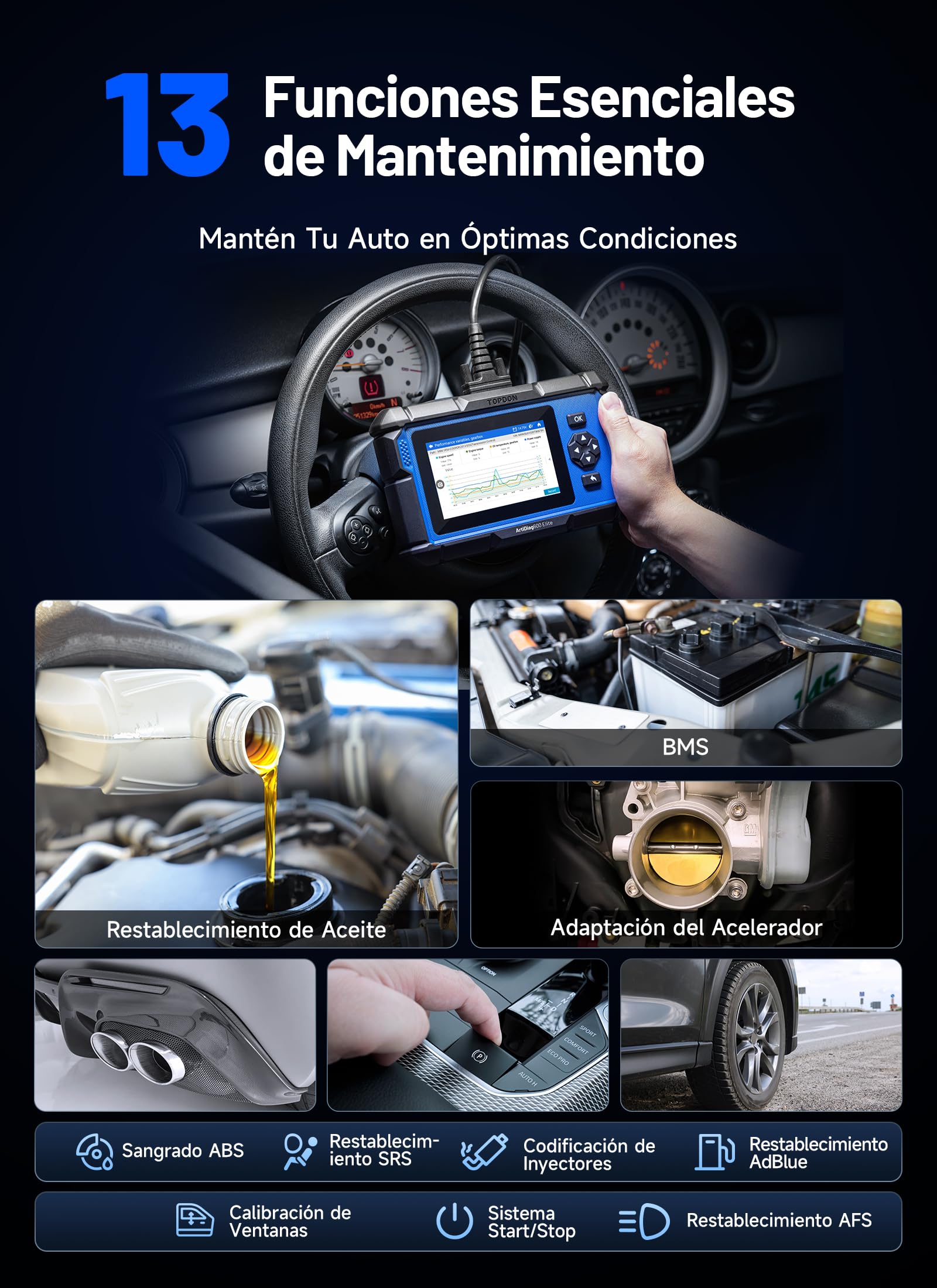 TOPDON ArtiDiag600 Elite Escáner OBD2 Herramienta de Dagnóstico Completo, 13 Servicios, FCA/SGW, AutoAuth, Diagnóstico Coche Multimarca con Can-FD, 2 Años de Actualizaciones Gratuitas