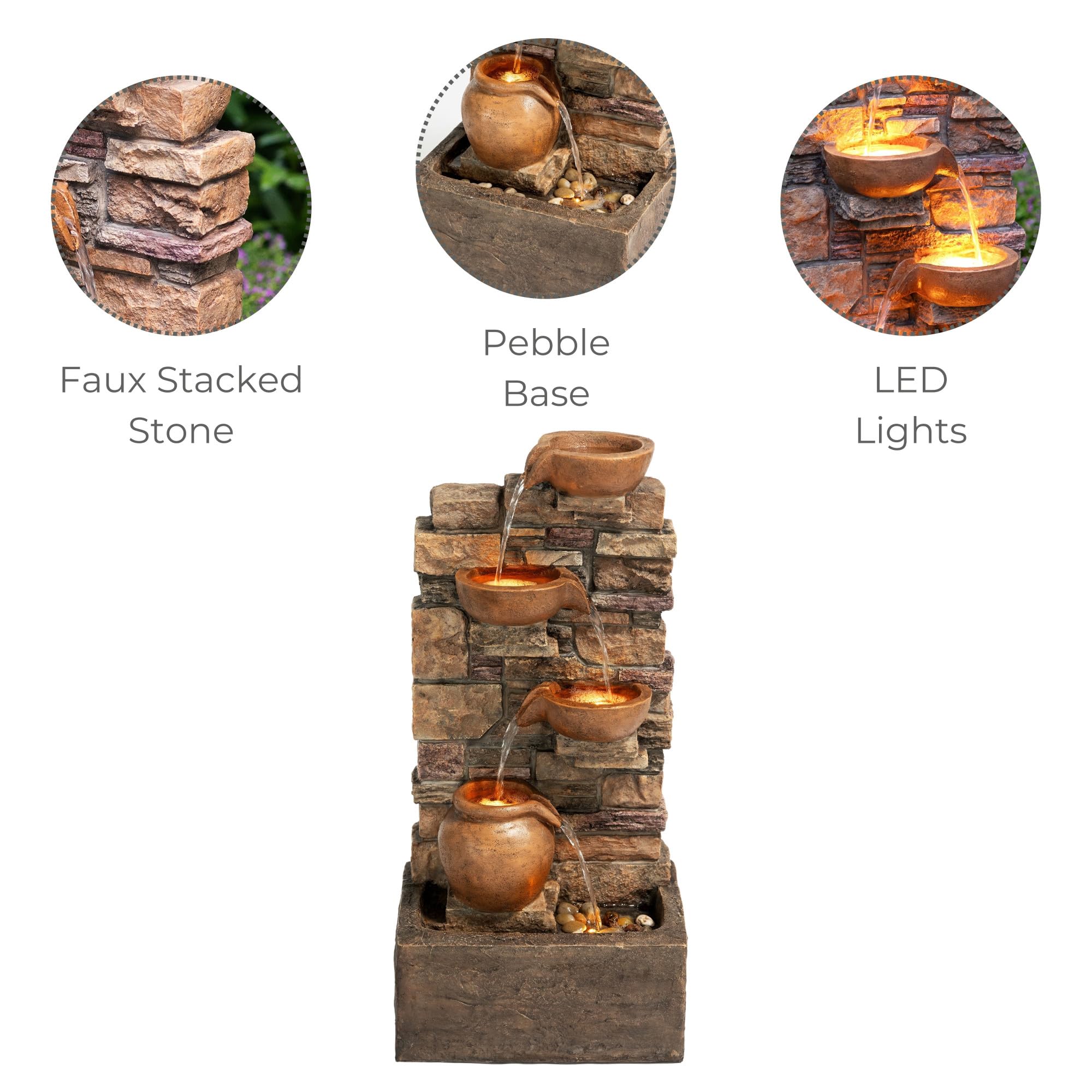 Teamson Home Fuente en Cascada 4 Niveles Marron Exterior con LED