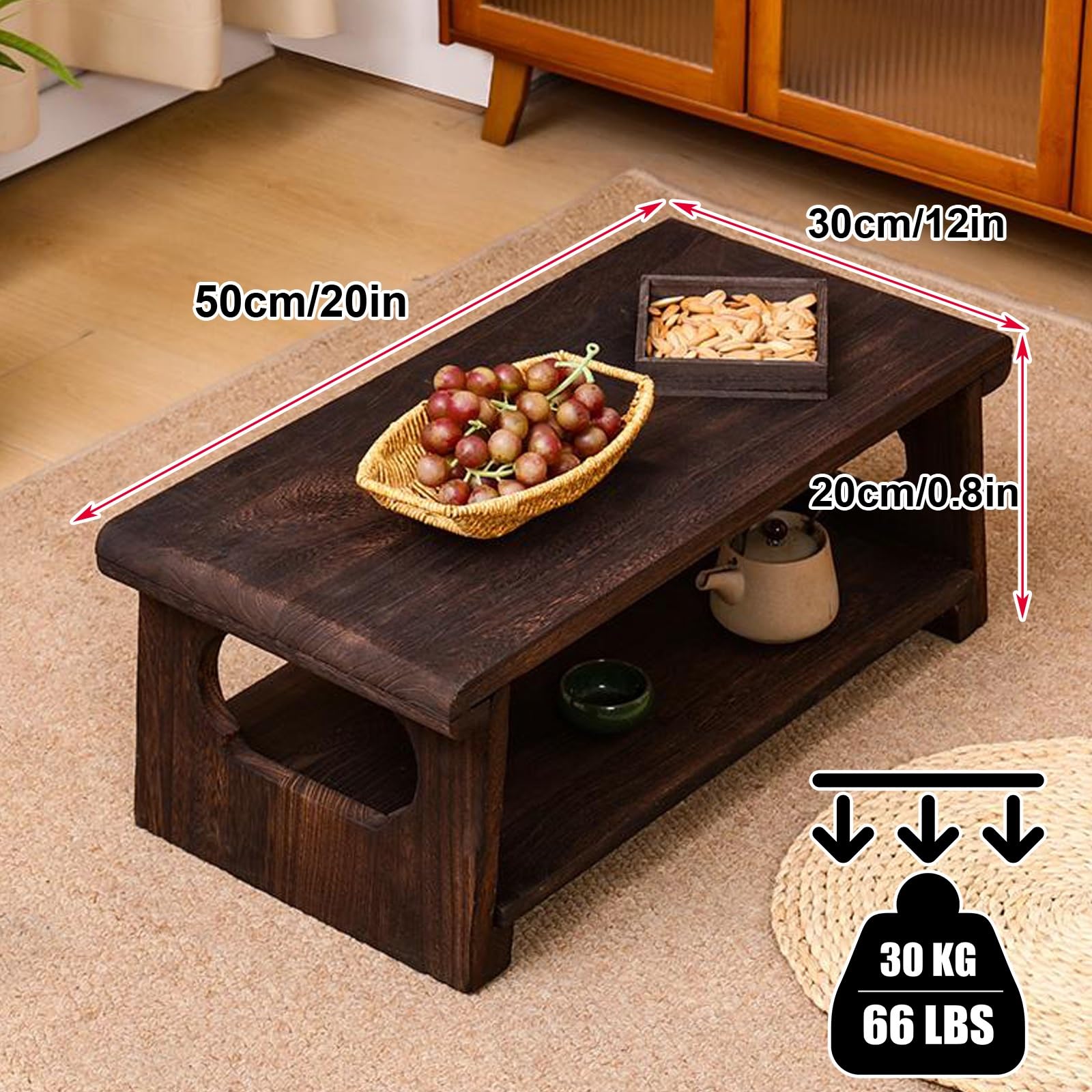 Japoński stolik kawowy z litego drewna z miejscem do przechowywania, meble w stylu Low Zen, do salonu, sypialni, na balkon i do medytacji, solidna konstrukcja (50 x 30 x 20 cm)