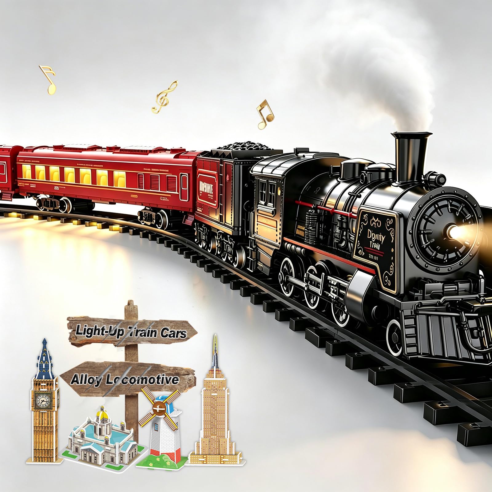 Electric Train Sets for Boys Girls Metal Alloy Christmas Trains Toys Steam Locomotive, Passenger Carriages, Tracks, Light &amp; Sounds Rechargeable Birthday Gifts for Kids 3 4 5 6 7 8 + Years Old Red …