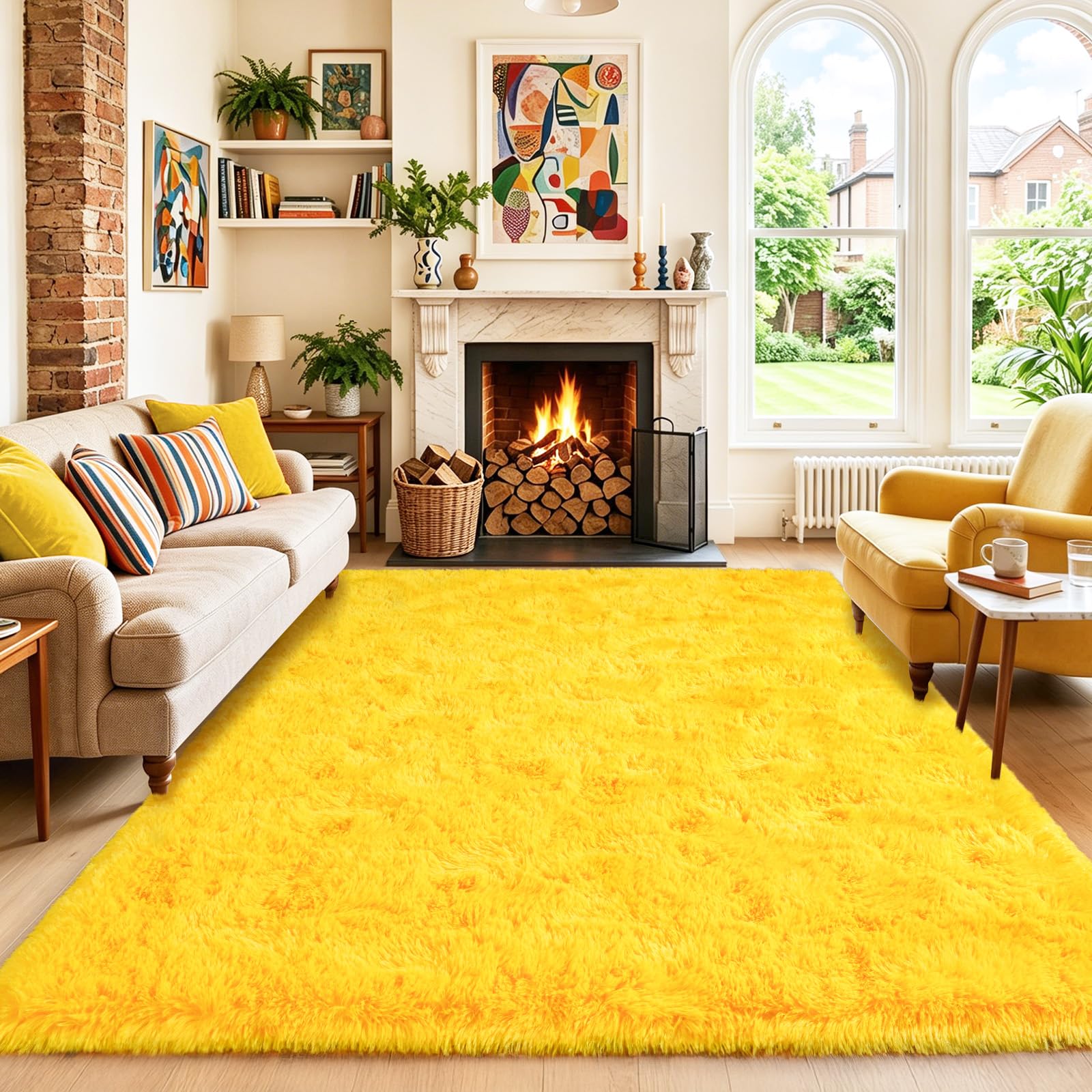 Quntue Fluffy Area Rugs for Bedroom, Soft Fuzzy Yellow Rug 6x9 Feet, Shaggy Carpet for Living Room Plush Indoor Non Slip Carpets for Kids Nursery Dorm Home Decor
