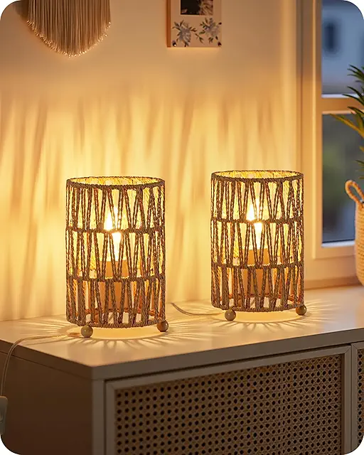 Small Rattan-Style Table Lamp Set of 2 with Handwoven Paper Shade & LED Bulb