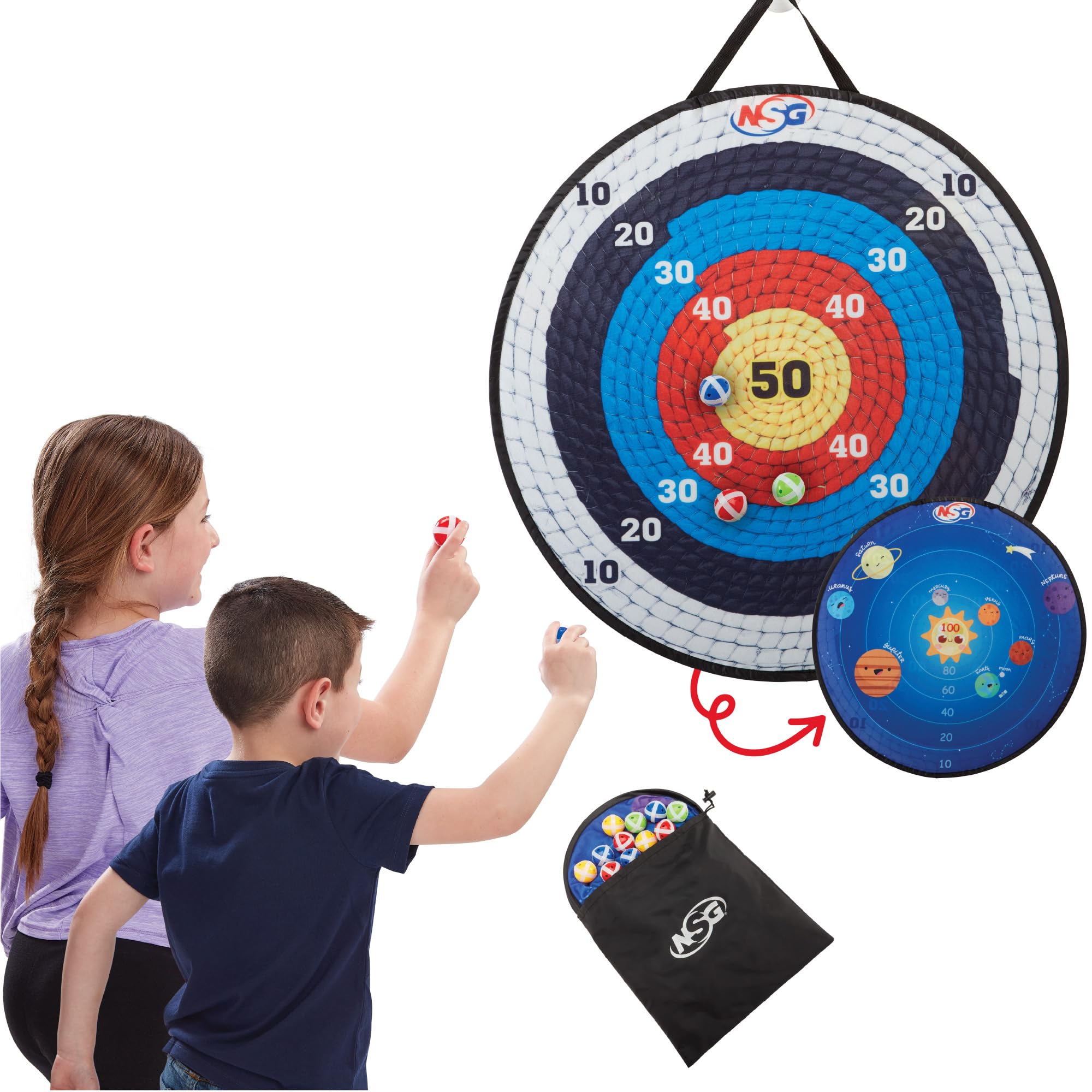 NSG Target Toss Large Dart Board for Kids 30in Giant Kids Dart Board Double Sided Game Set for Indoor and Outdoor Fun with 12 Sticky Balls and Carry Bag